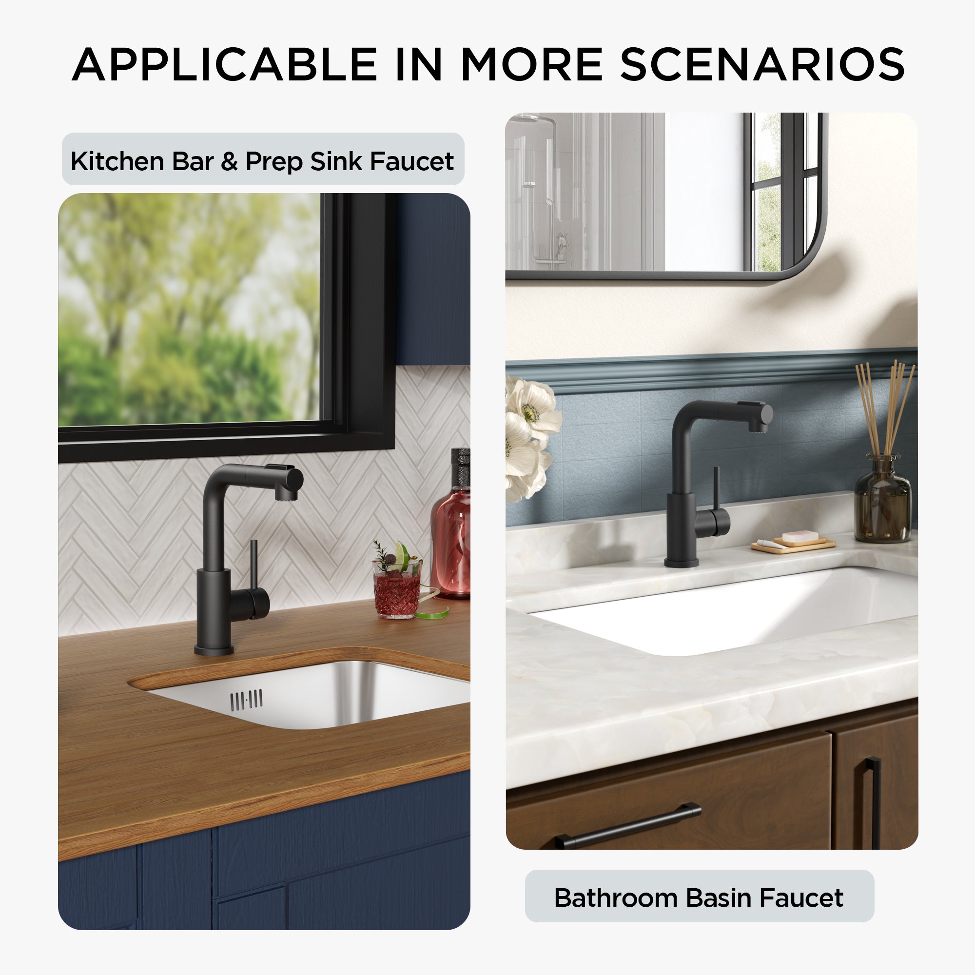 FORIOUS Modern Black Bar Sink Faucet, Stainless Steel Single Handle Small Pre Kitchen Sink Faucet with Pull Out Sprayer, 360° Swivel Spout L-Shaped Design Suitable for Camper Outdoor Bathroom RV