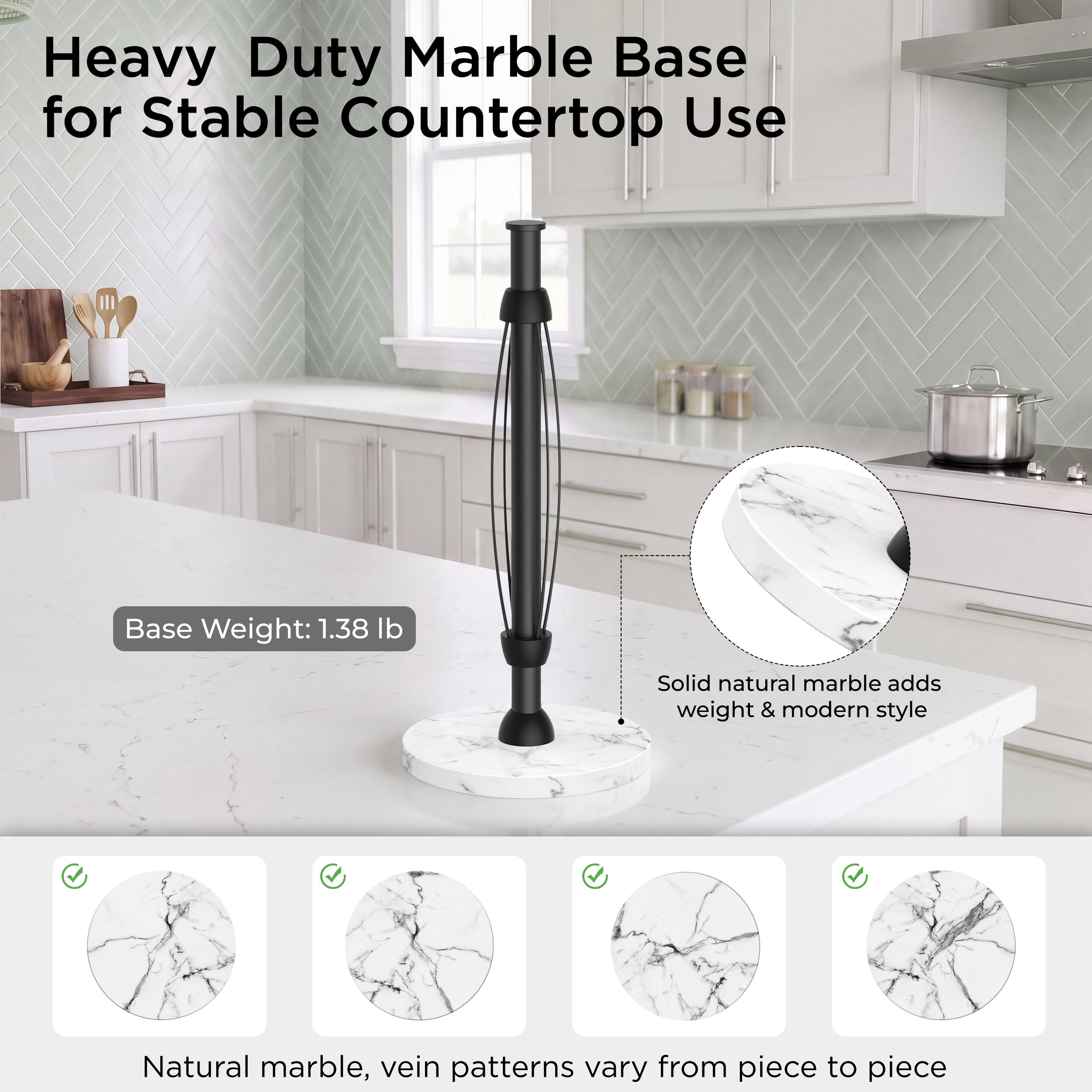 FORIOUS Paper Towel Holder Countertop, One-Handed Tear,Weighted Marble Base 304 Stainless Steel Paper Towel Stand, Ratchet Mechanism for Easy Tearing, Fits Standard & Jumbo Rolls for Kitchen, Silver