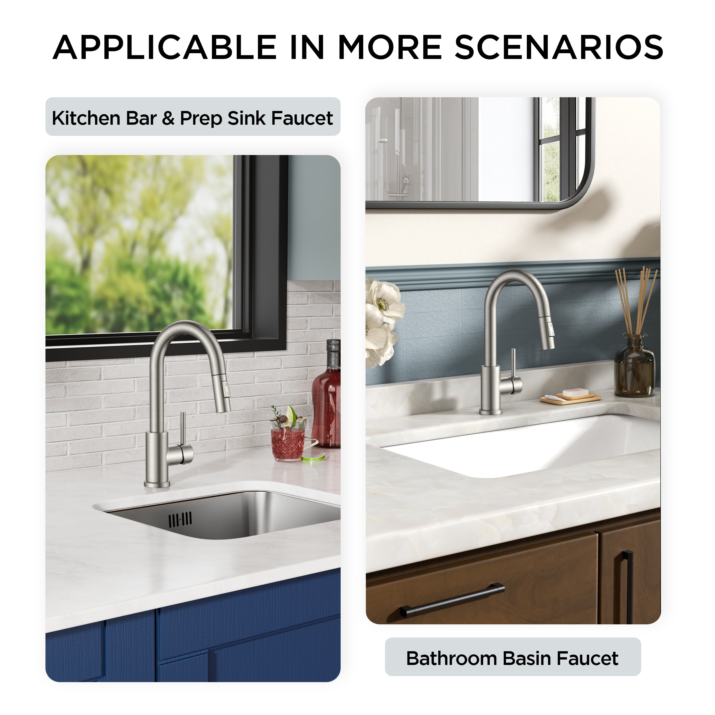 FORIOUS Bar Sink Faucet for Kitchen Sink, Modern Single Handle Kitchen Faucet with Pull Down Sprayer, Brushed Nickel Stainless Steel High Arc with Deck Plate for 1 or 3 Hole, Suitable for Bathroom RV