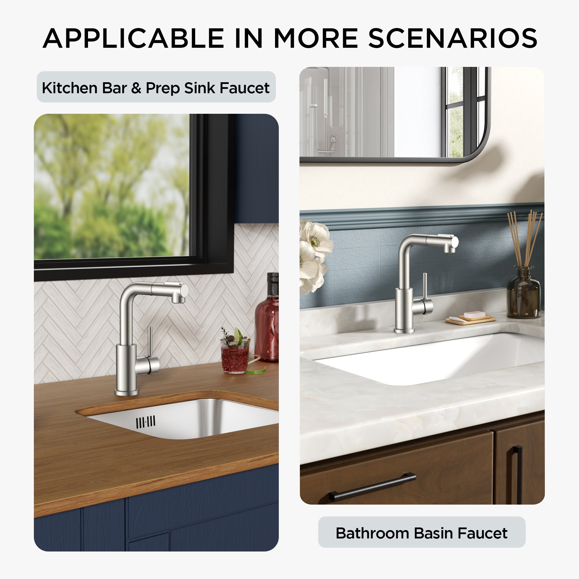 FORIOUS Modern Bar Sink Faucet Brushed Nickel, Stainless Steel Single Handle Small Kitchen Sink Faucet with Pull Out Sprayer, 360° Swivel Spout L-Shaped Design Suitable for Camper Outdoor Bathroom RV