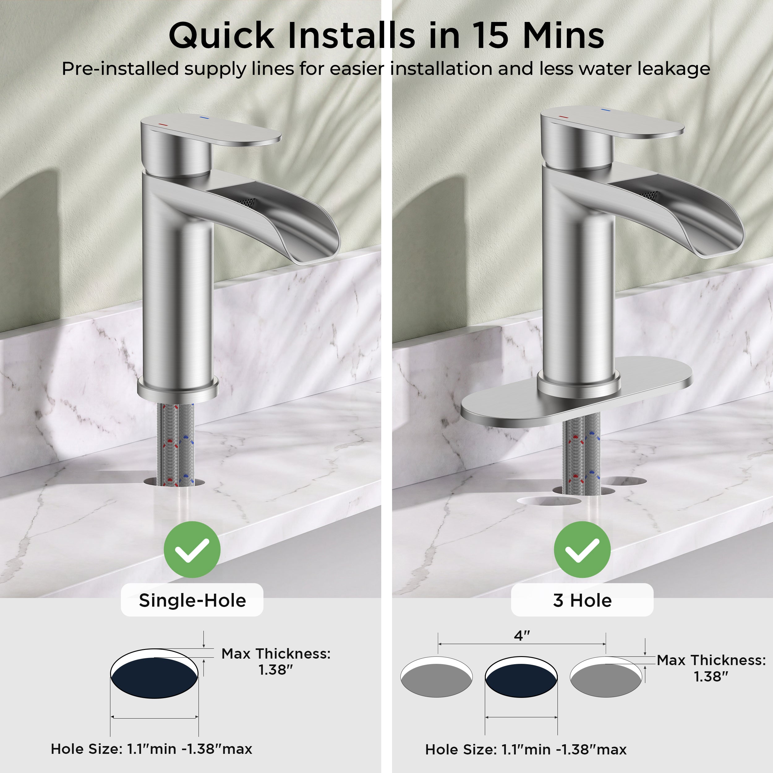 FORIOUS Single Handle Bathroom Faucet 1 Hole Vanity Sink Faucet Matte Black For 1 or 3 hole(4-inch centerset) Sink Setup, Modern Waterfall Spout, with Drain and Supply Lines for RV Vantiy Restroom