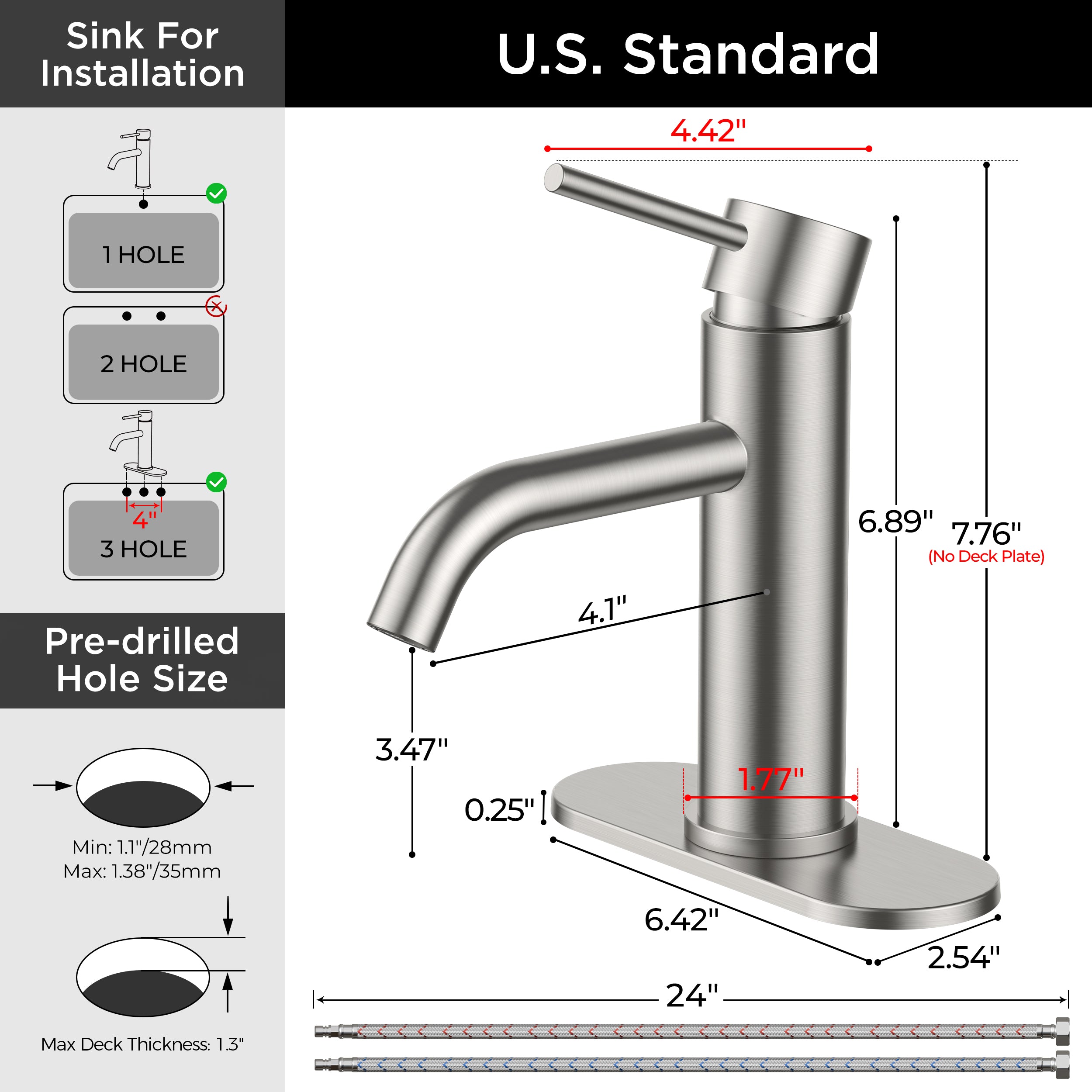 FORIOUS Bathroom Faucet 1 Hole, Brushed Nickel Single Handle Sink Faucets 2 Pack | for 1 or 3 Hole 4 Inch Centerset Sink, with Pop-up Drain, NSF61 Certified, for Vanity Rv Commercial Lavatory Restroom Basin