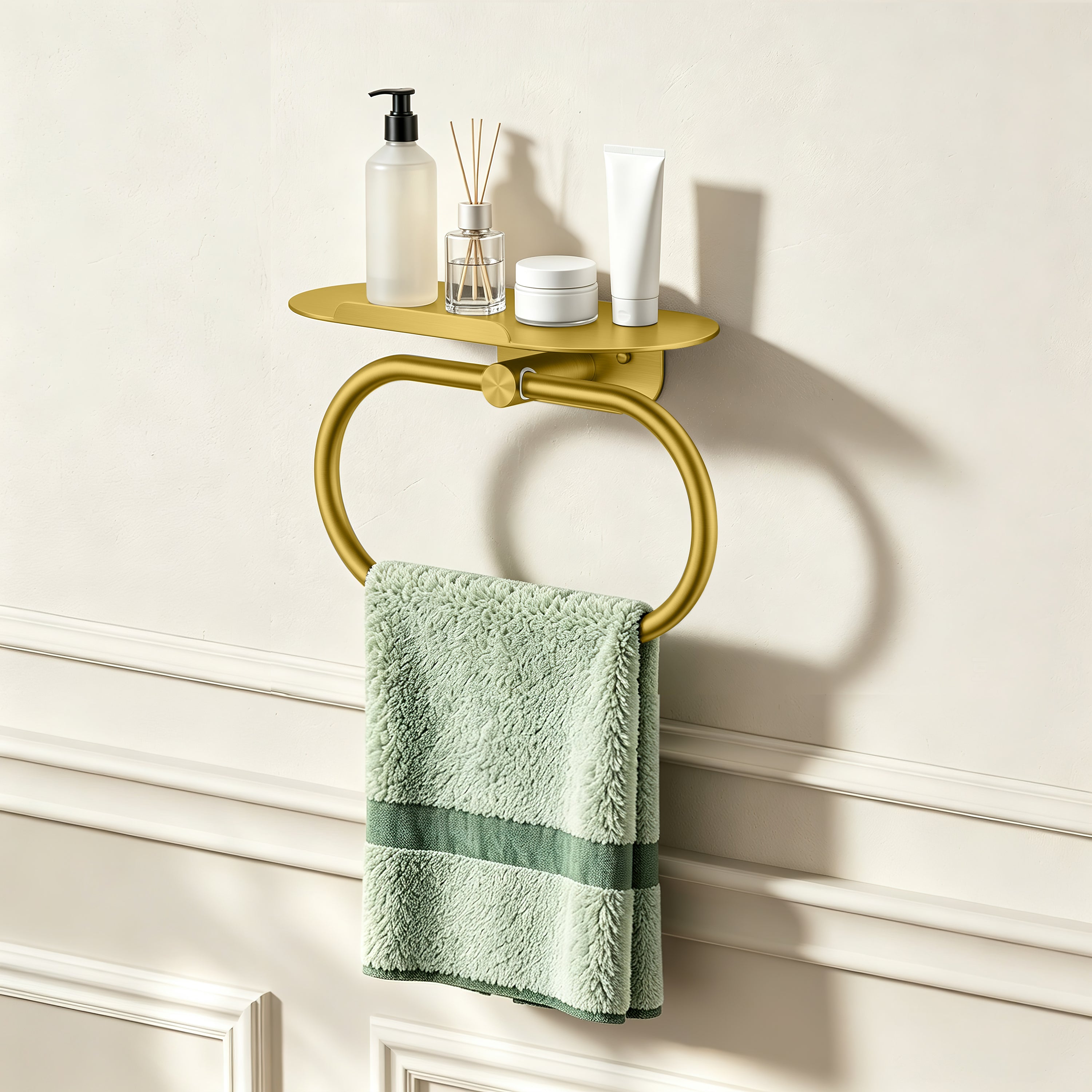 FORIOUS Hand Towel Holder with Shelf, Towel Ring for Bathroom Wall Mount | Matte Black, SUS304 Stainless Steel Modern Towel Ring, Bathroom Towel Holder, Hand Towel Hanger for Bathroom & Kitchen