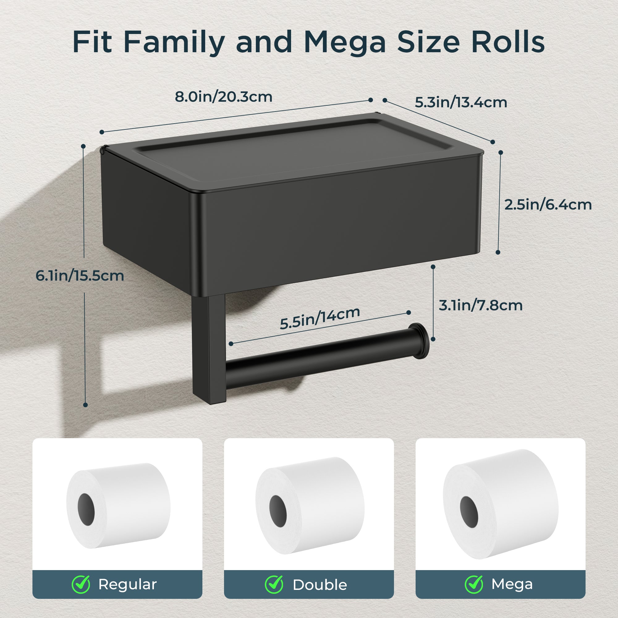 FORIOUS Toilet Paper Holder with Shelf, Wall-Mounted Modern Wipes Dispenser | Matte Black | Toilet Paper Holder with Storage for Bathroom | Fits Wipes, Sanitary Napkins, Tampons | 8.0"x5.3" Large Shelf