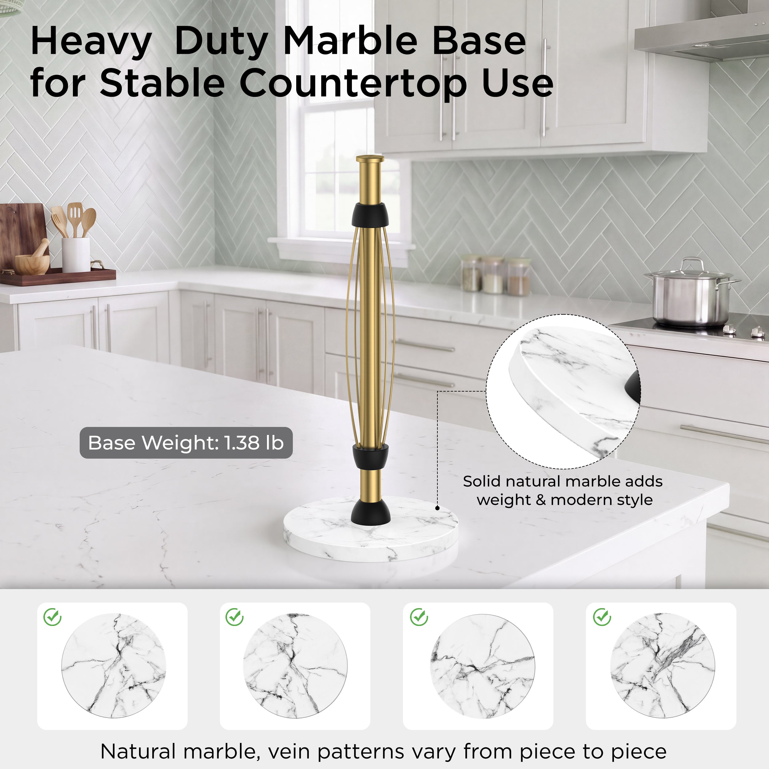 FORIOUS Paper Towel Holder Countertop, One-Handed Tear,Weighted Marble Base 304 Stainless Steel Paper Towel Stand, Ratchet Mechanism for Easy Tearing, Fits Standard & Jumbo Rolls for Kitchen, Silver