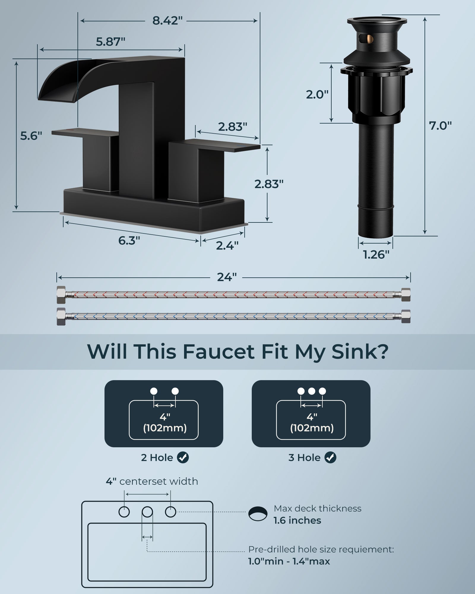 FORIOUS Waterfall Black Bathroom Faucets, Two Handle Bathroom Sink Faucet with Pop Up Dain and Supply Lines, 4'' Centerset Bathroom Faucet 3 Hole Matte Black Bathroom Vanity Faucet