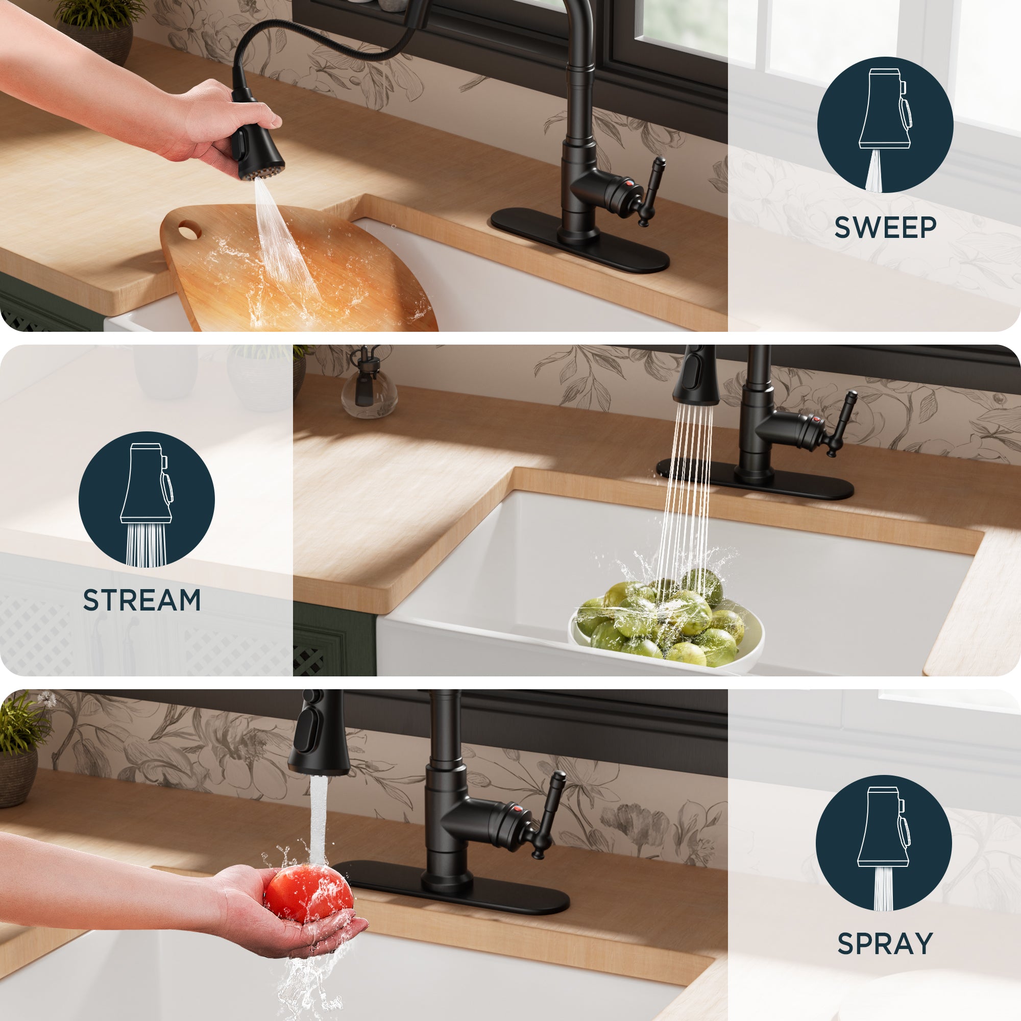 FORIOUS Antique Black Kitchen Faucets with Pull Down Sprayer, 3 in 1 Stainless Steel High Arc Single Handle Sink Faucet for Farmhouse Camper Rv Bar, Fit for 1 or 3 Hole