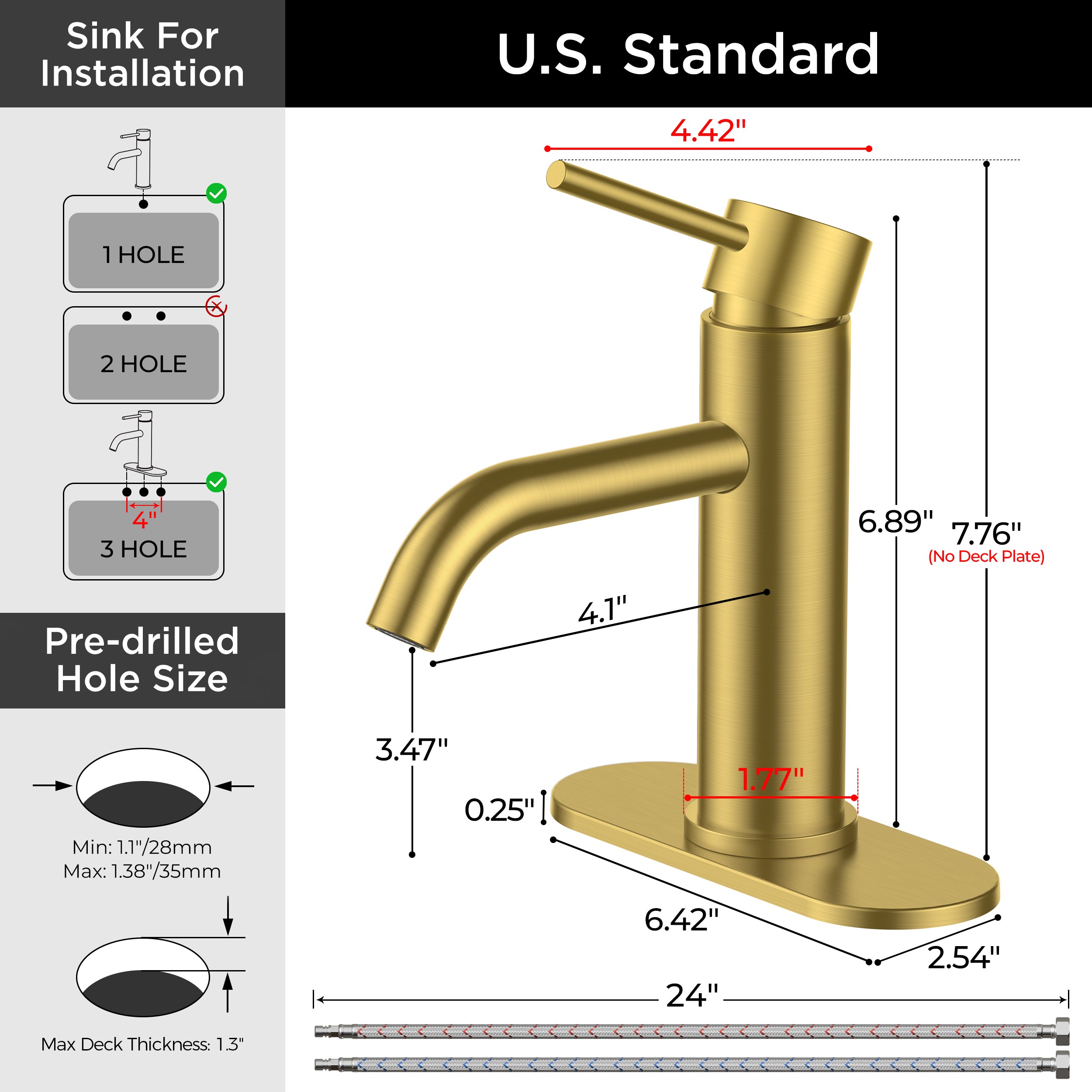 FORIOUS Bathroom Faucet 1 Hole, Brushed Gold Single Handle Sink Faucets 2 Pack | for 1 or 3 Hole 4 Inch Centerset Sink, with Pop-up Drain, NSF61 Certified, for Vanity Rv Commercial Lavatory Restroom Basin