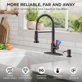 FORIOUS Black Kitchen Faucets with Sprayer, Stainless Steel Sink Faucet Single Handle with Deck Plate, Commercial Classic Spring Faucet for Kitchen Sink, Bar & Prep Sinks, Laundry RV Camper