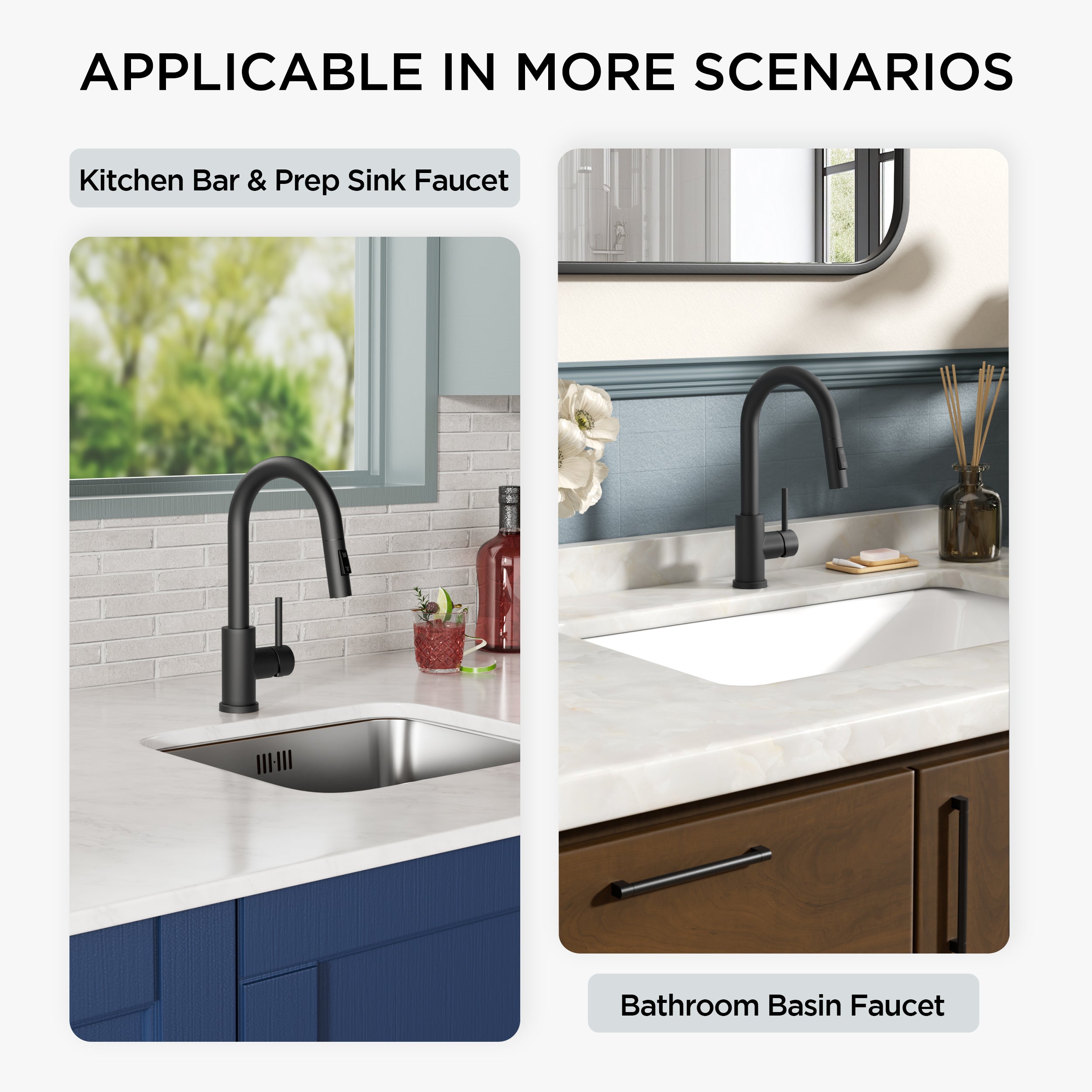 FORIOUS Black Bar Sink Faucet for Kitchen Sink, Modern Single Handle Kitchen Faucet with Pull Down Sprayer, Stainless Steel High Arc with Deck Plate for 1 or 3 Hole, Suitable for Bathroom RV Camper