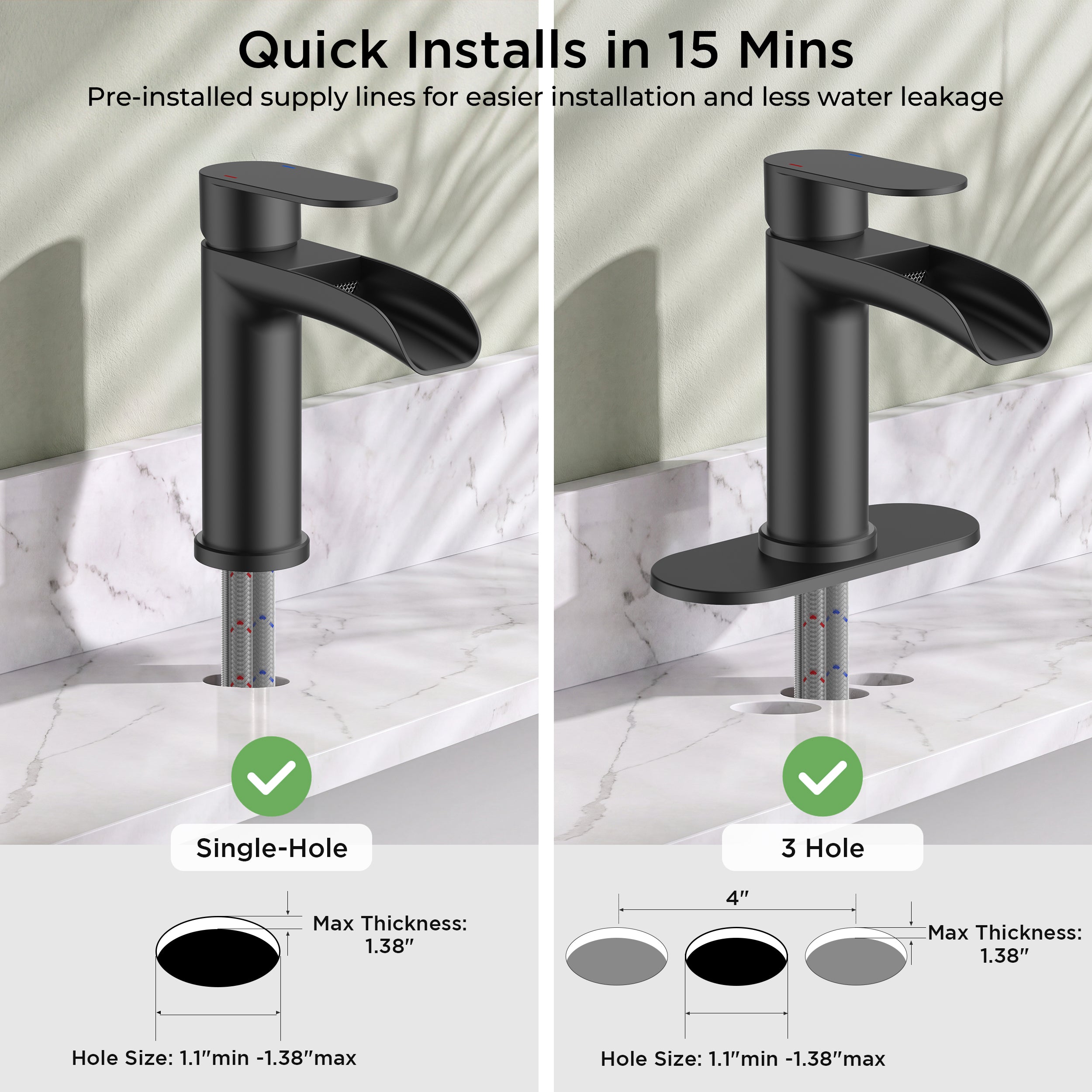 FORIOUS Single Handle Bathroom Faucet 1 Hole Vanity Sink Faucet Matte Black For 1 or 3 hole(4-inch centerset) Sink Setup, Modern Waterfall Spout, with Drain and Supply Lines for RV Vantiy Restroom