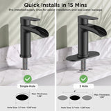 FORIOUS Single Handle Bathroom Faucet 1 Hole Vanity Sink Faucet Matte Black For 1 or 3 hole(4-inch centerset) Sink Setup, Modern Waterfall Spout, with Drain and Supply Lines for RV Vantiy Restroom
