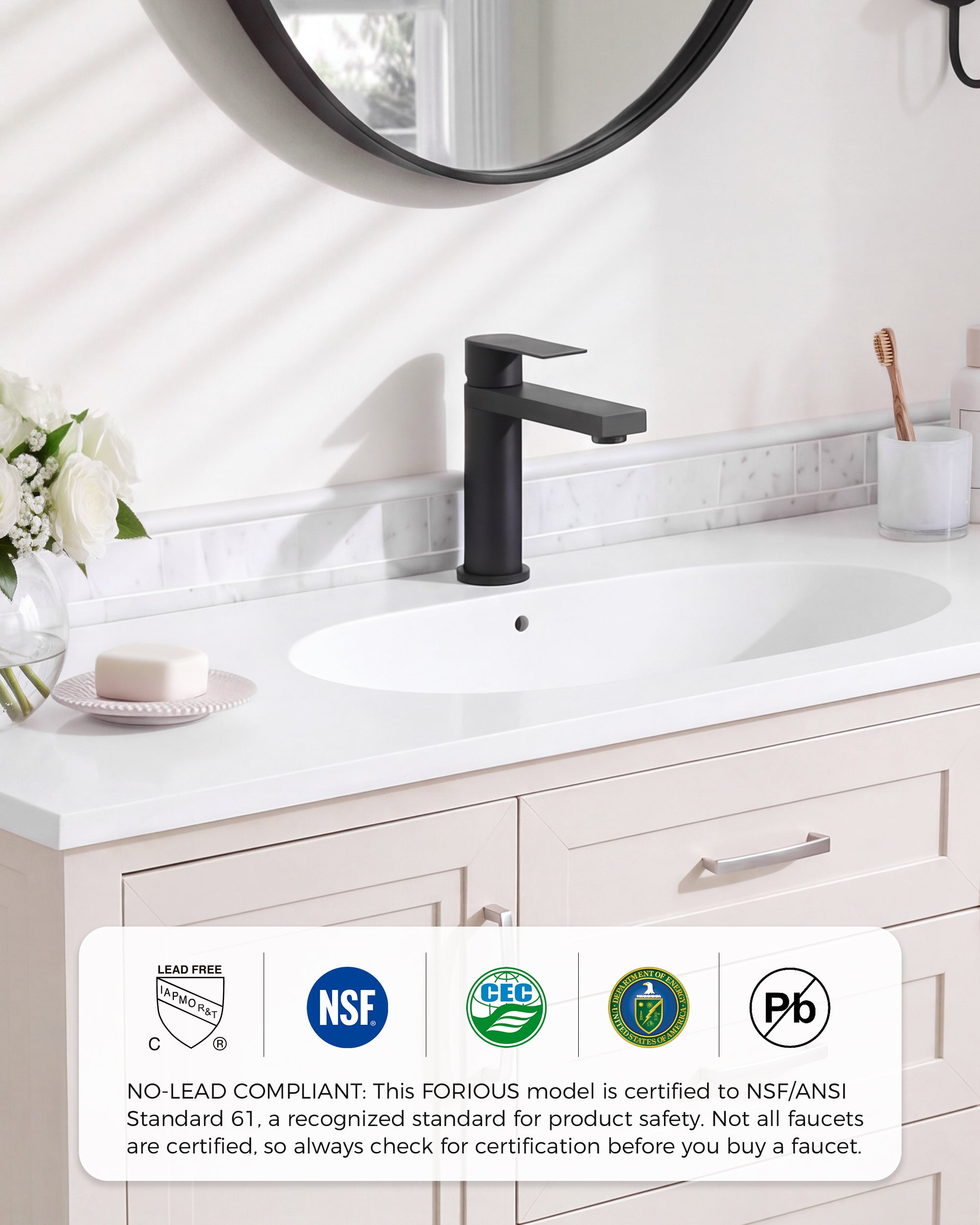 FORIOUS Bathroom Faucet 1 Hole, Single Handle Vanity Faucet Matte Black