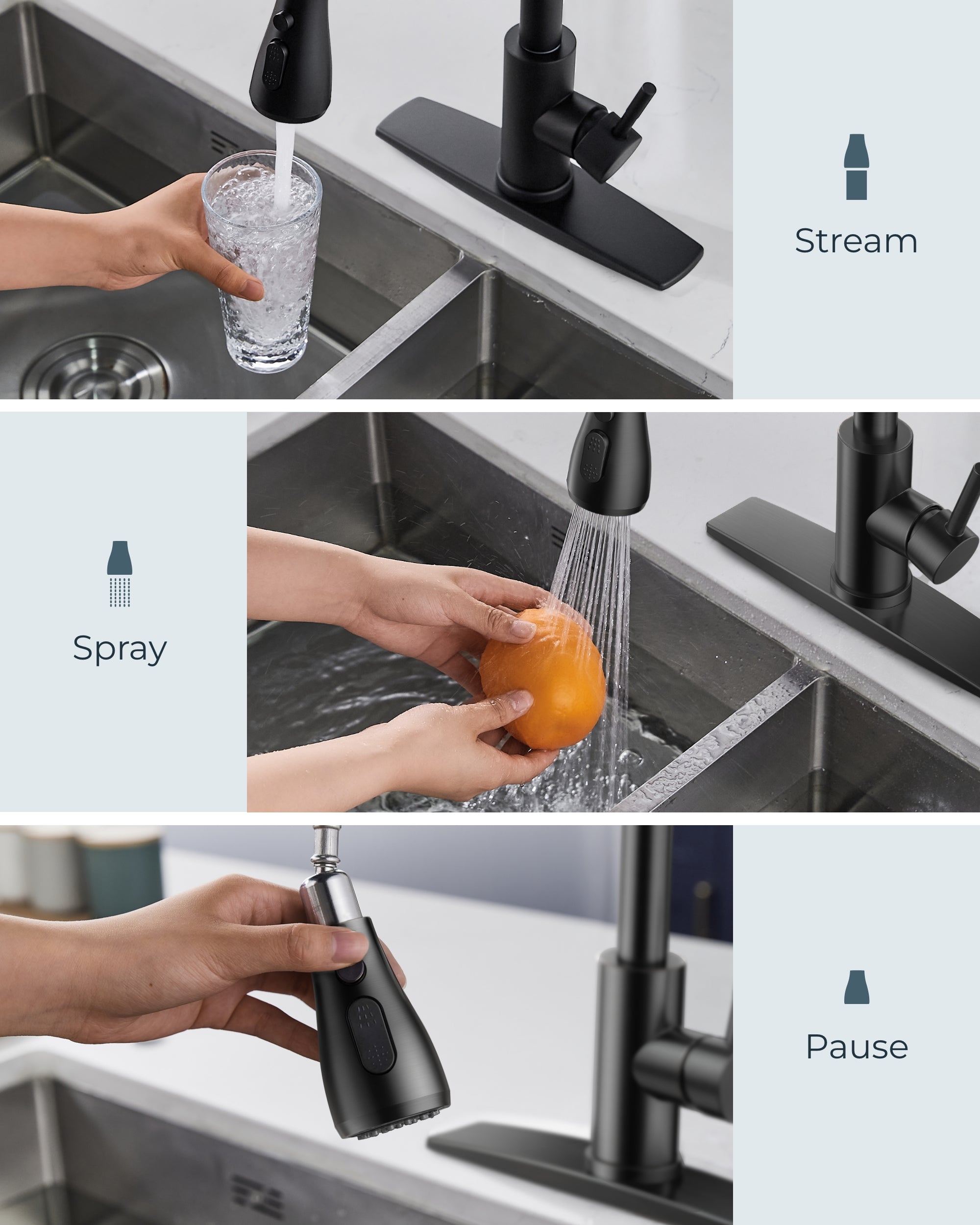 FORIOUS Black Kitchen Faucet with Pull Down Sprayer, High Arc Single Handle Classic Stainless Steel Sink Faucet 1 or 3 Hole, Suitable for Farmhouse Camper Laundry Rv Bar