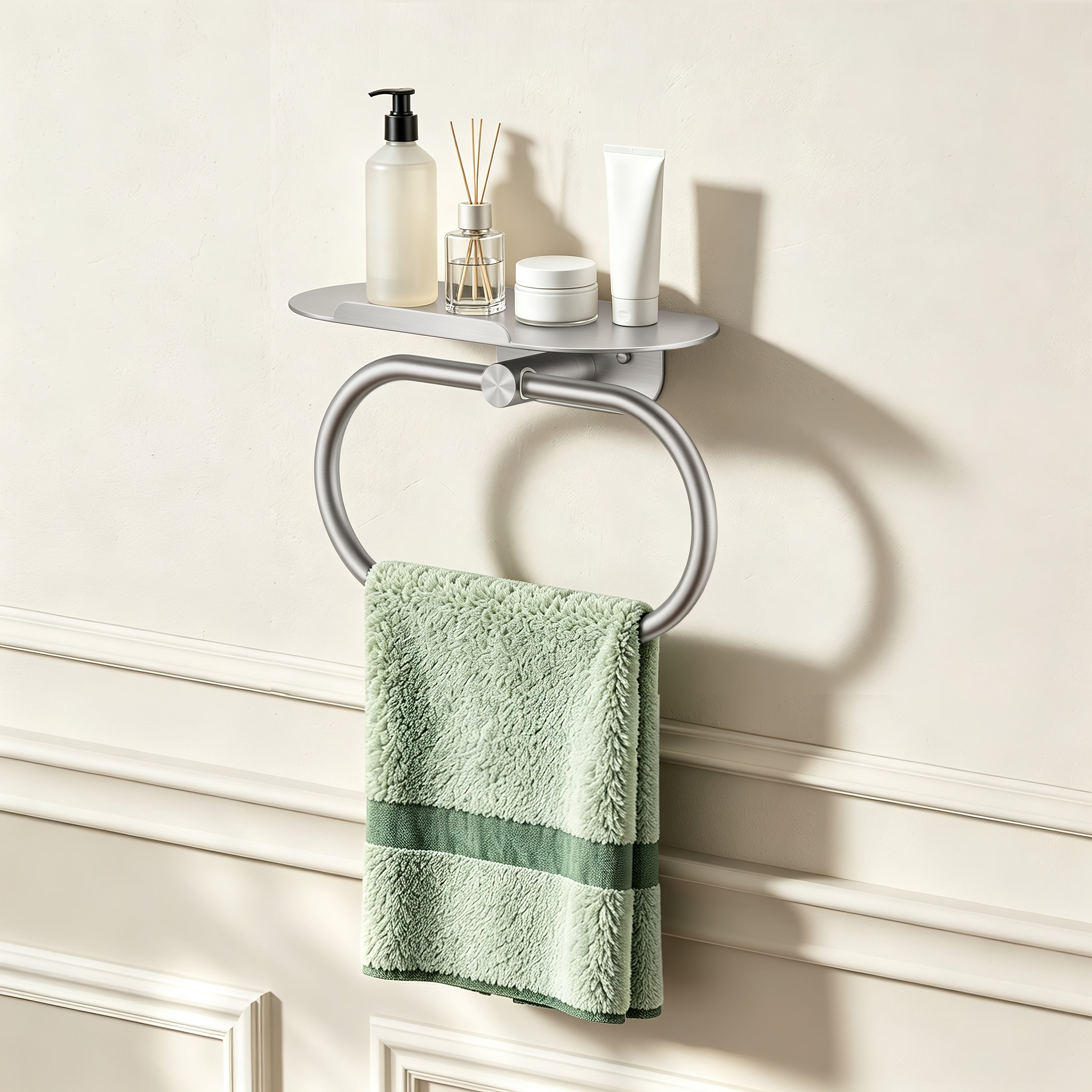 FORIOUS Hand Towel Holder with Shelf, Towel Ring for Bathroom Wall Mount | Matte Black, SUS304 Stainless Steel Modern Towel Ring, Bathroom Towel Holder, Hand Towel Hanger for Bathroom & Kitchen