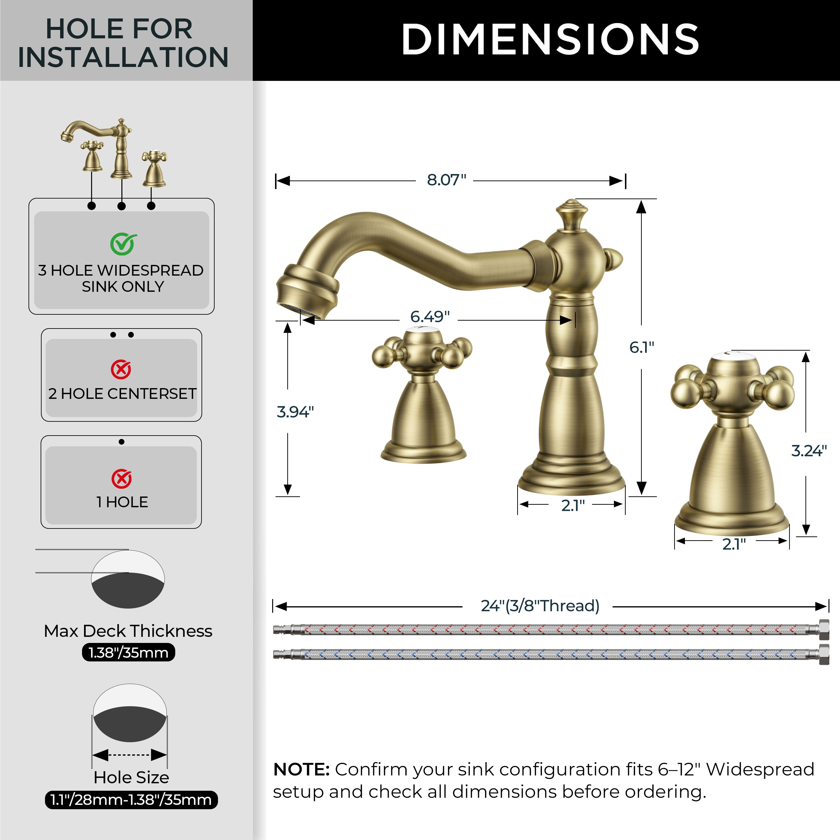 FORIOUS Bathroom Faucet 3 Hole Vintage 8 inch Widespread Sink Antique Brass | 6-12 inch 3-hole Install, 2 Cross Handle Antique Bathroom Sink Faucet for Vanity RV Farmhouse with Drain and Supply Lines