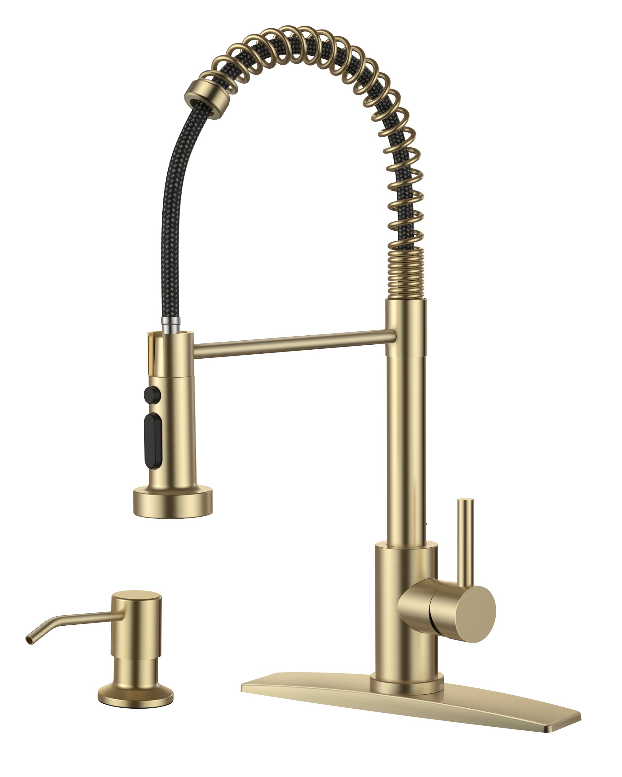 FORIOUS Kitchen Faucet with Soap Dispenser, Gold Stainless Steel Single Handle Modern Spring Commercial Sink Faucet with Pull Down Sprayer for Laundry & Utility Room RV Camp Bar Farmhouse
