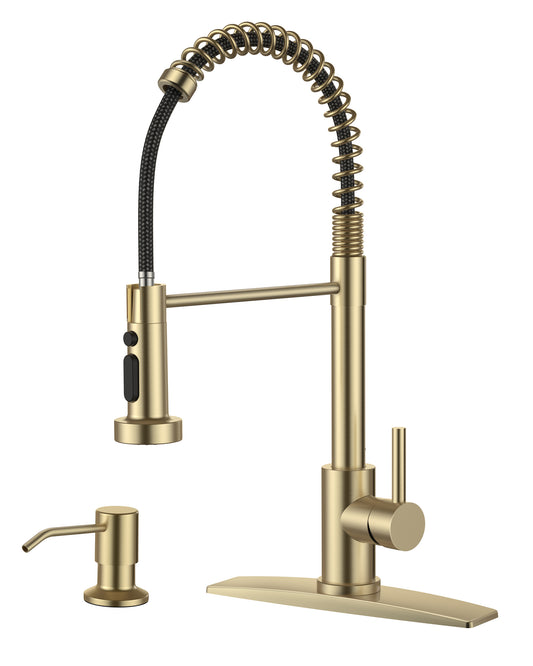 FORIOUS Kitchen Faucet with Soap Dispenser, Gold Stainless Steel Single Handle Modern Spring Commercial Sink Faucet with Pull Down Sprayer for Laundry & Utility Room RV Camp Bar Farmhouse
