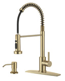 FORIOUS Kitchen Faucet with Soap Dispenser, Gold Stainless Steel Single Handle Modern Spring Commercial Sink Faucet with Pull Down Sprayer for Laundry & Utility Room RV Camp Bar Farmhouse