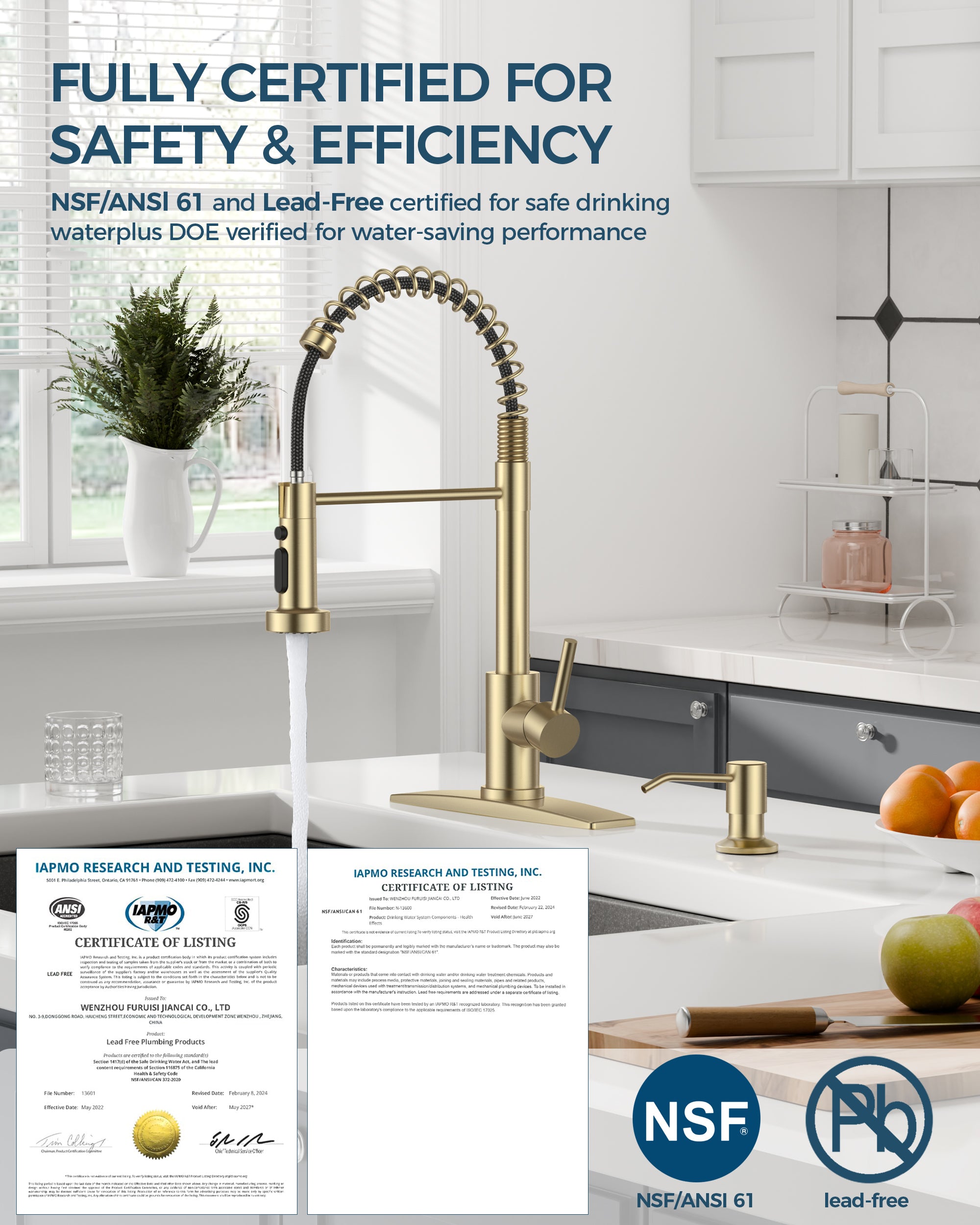 FORIOUS Kitchen Faucet with Soap Dispenser, Gold Stainless Steel Single Handle Modern Spring Commercial Sink Faucet with Pull Down Sprayer for Laundry & Utility Room RV Camp Bar Farmhouse