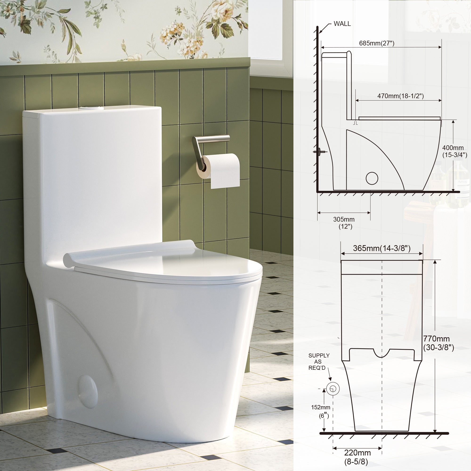 Forious Max 12" Rough-In  White  One Piece Toilet Dual Flush Toilet with Soft Closing Seat