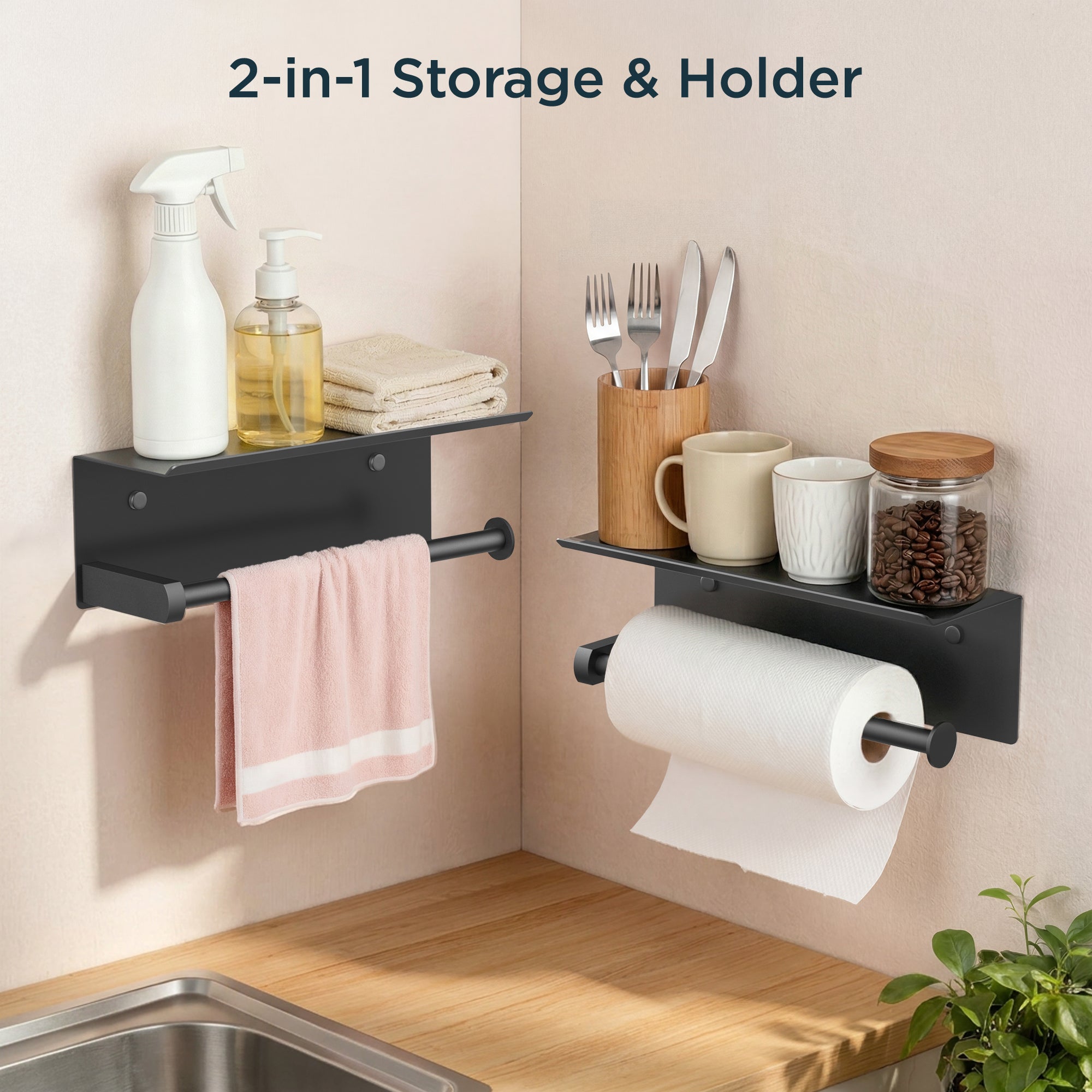 FORIOUS Wall Mount Paper Towel Holder with Shelf，Stainless Steel | Heavy Duty SUS304 Stainless Steel Paper Roll Organizer with Storage Spice Shelf, Screw-in for Kitchen, Bathroom, RV & Garage