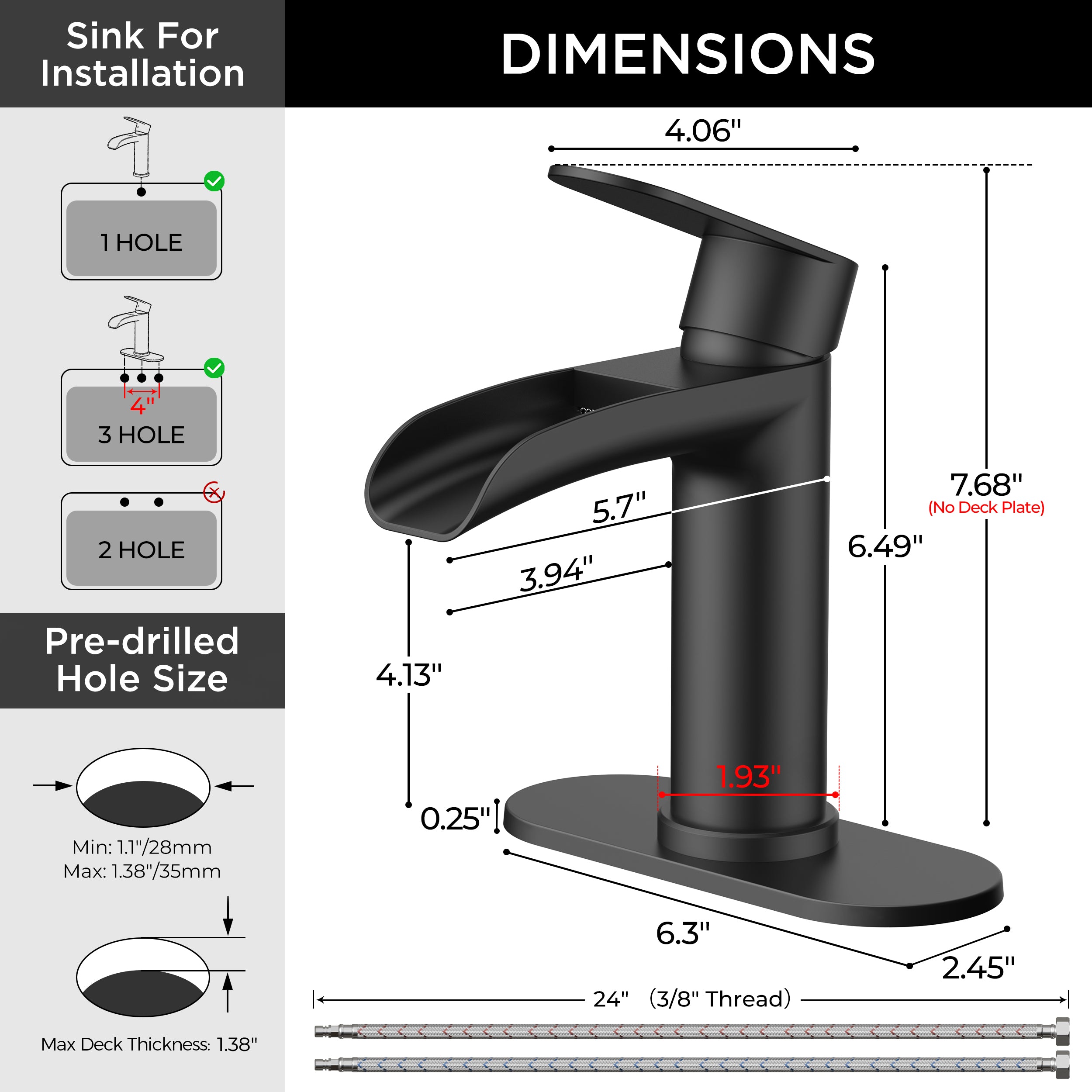 FORIOUS Single Handle Bathroom Faucet 1 Hole Vanity Sink Faucet Matte Black For 1 or 3 hole(4-inch centerset) Sink Setup, Modern Waterfall Spout, with Drain and Supply Lines for RV Vantiy Restroom