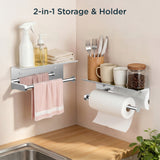 FORIOUS Wall Mount Paper Towel Holder with Shelf，Stainless Steel | Heavy Duty SUS304 Stainless Steel Paper Roll Organizer with Storage Spice Shelf, Screw-in for Kitchen, Bathroom, RV & Garage
