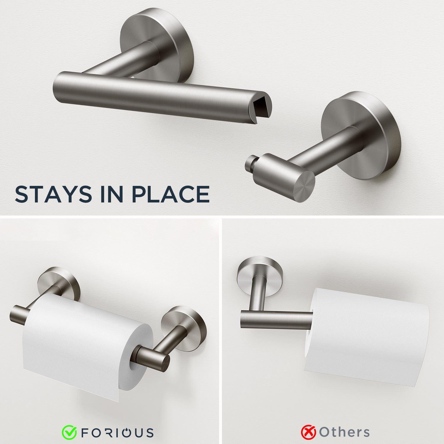 FORIOUS Toilet Paper Holder Wall Mount, Sus304 Stainless Steel Hand Towel Ring, Silver Bathroom Hardware Set with Pivoting Toilet Paper Roll Holder