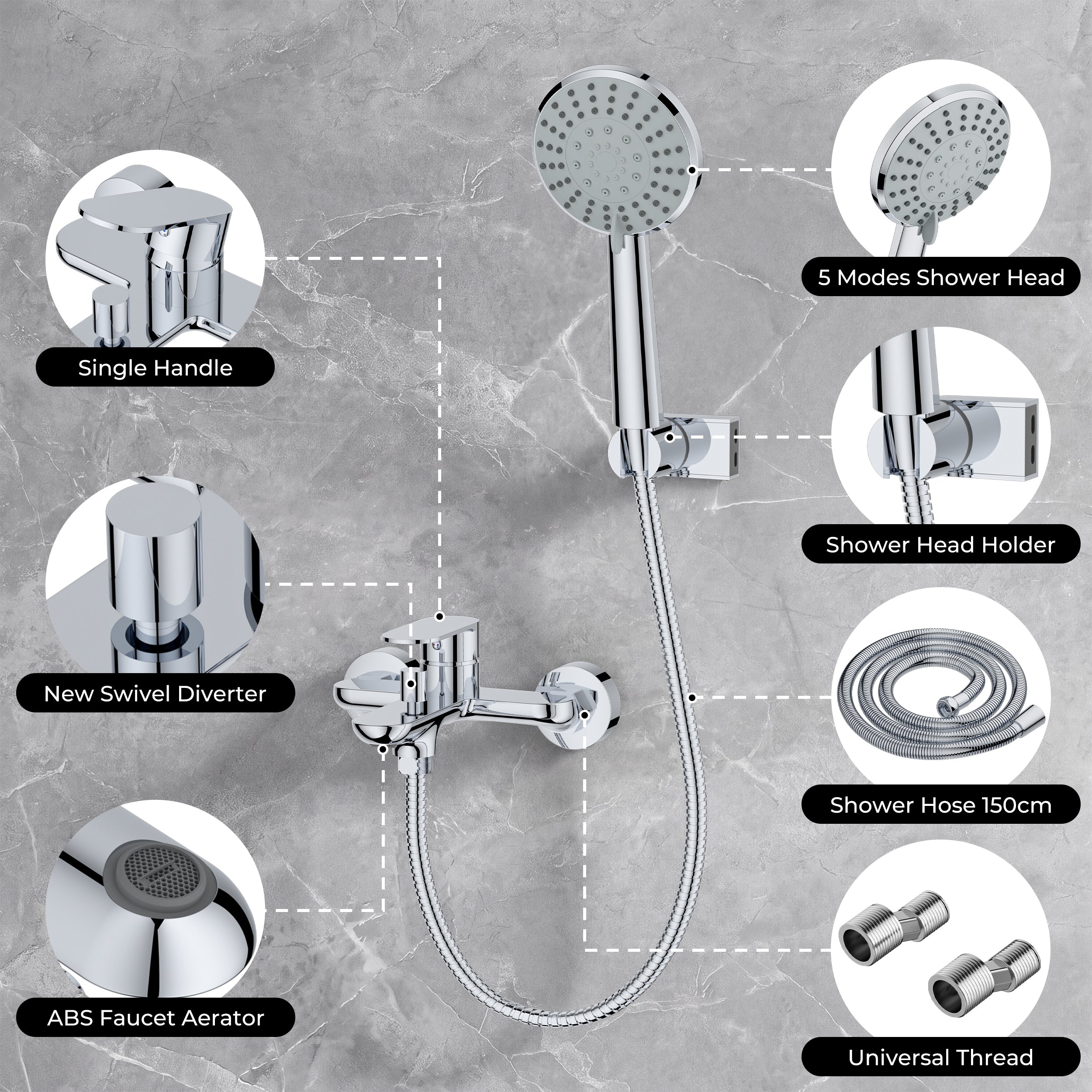 Dearocean Shower faucets with handheld shower heads, single-handle bathtub faucets with diverter valves, wall-mounted bathtub mixer faucets, stainless steel shower faucets, modern-style round chrome-plated faucet sets&nbsp;