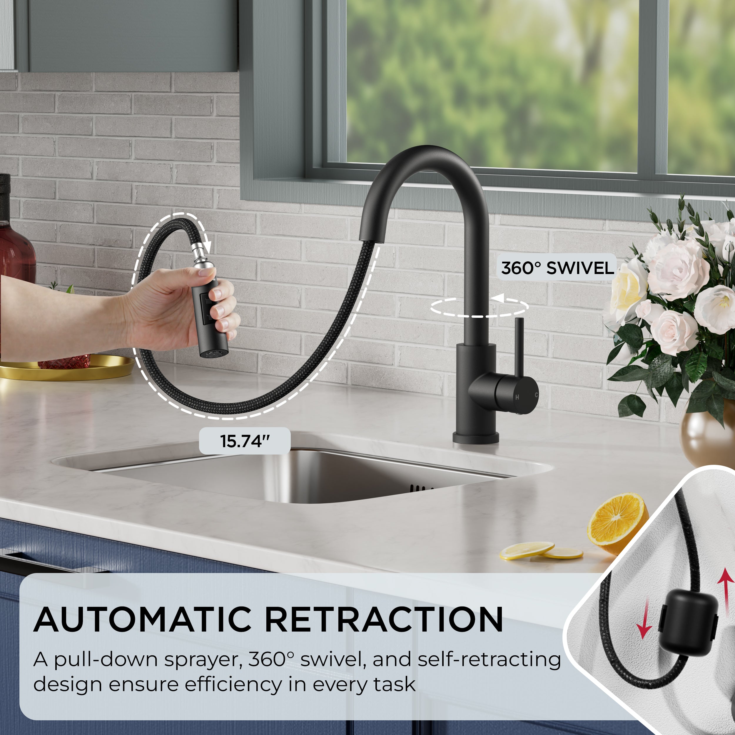 FORIOUS Black Bar Sink Faucet for Kitchen Sink, Modern Single Handle Kitchen Faucet with Pull Down Sprayer, Stainless Steel High Arc with Deck Plate for 1 or 3 Hole, Suitable for Bathroom RV Camper