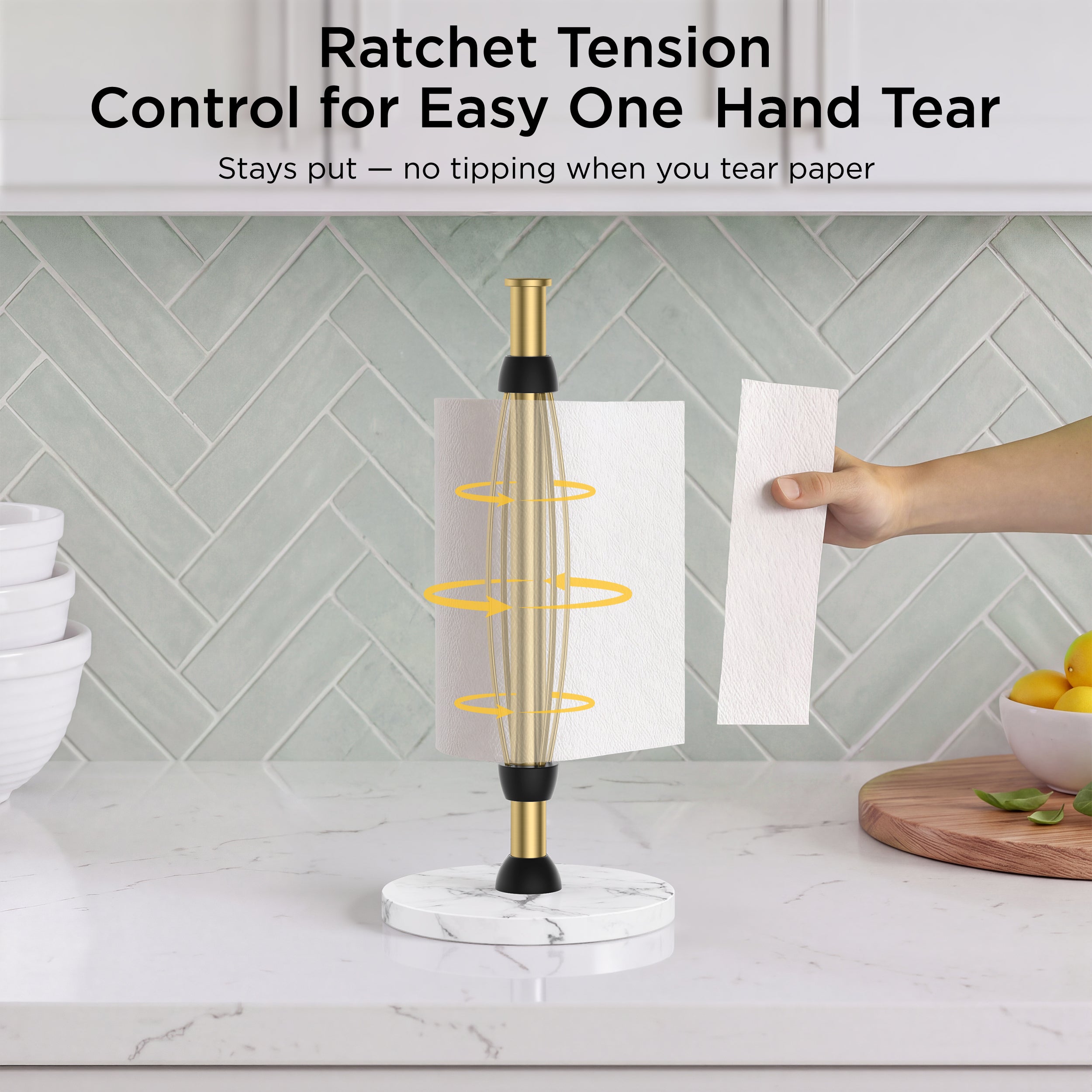 FORIOUS Paper Towel Holder Countertop, One-Handed Tear,Weighted Marble Base 304 Stainless Steel Paper Towel Stand, Ratchet Mechanism for Easy Tearing, Fits Standard & Jumbo Rolls for Kitchen, Silver