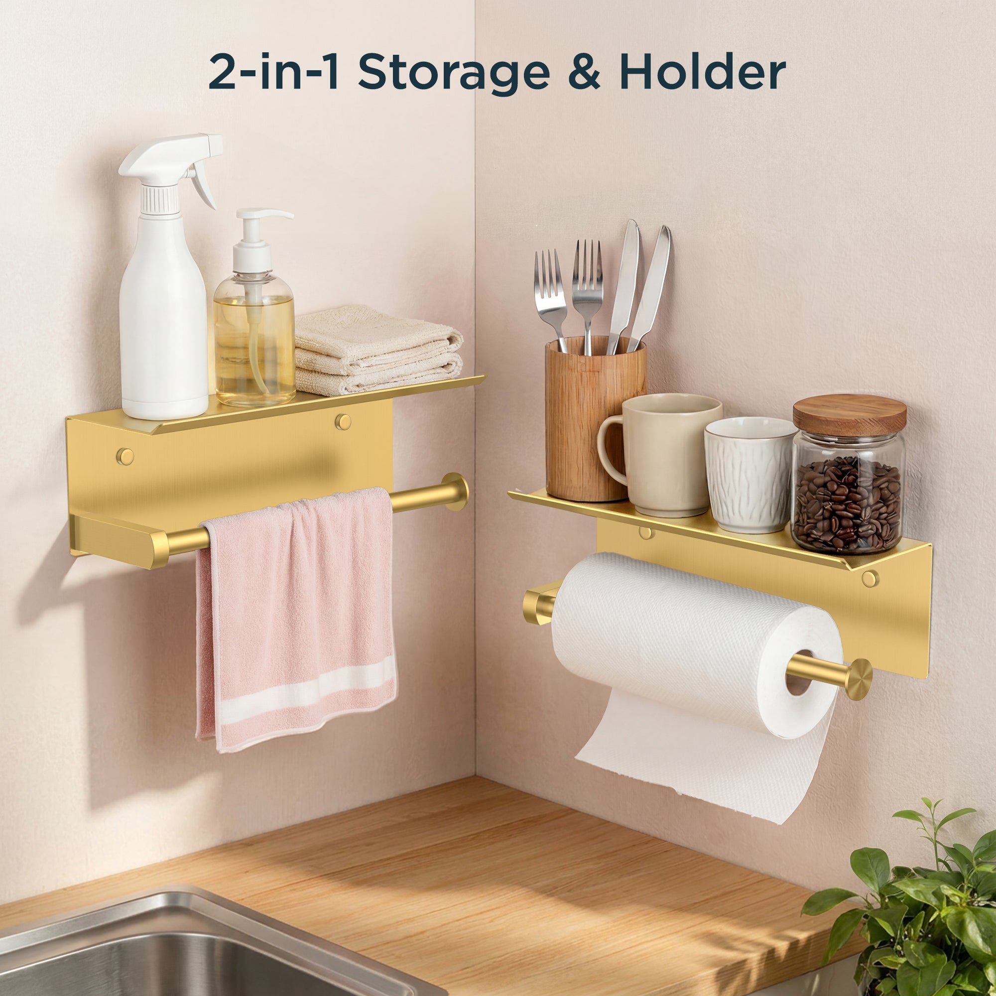 FORIOUS Wall Mount Paper Towel Holder with Shelf，Stainless Steel | Heavy Duty SUS304 Stainless Steel Paper Roll Organizer with Storage Spice Shelf, Screw-in for Kitchen, Bathroom, RV & Garage