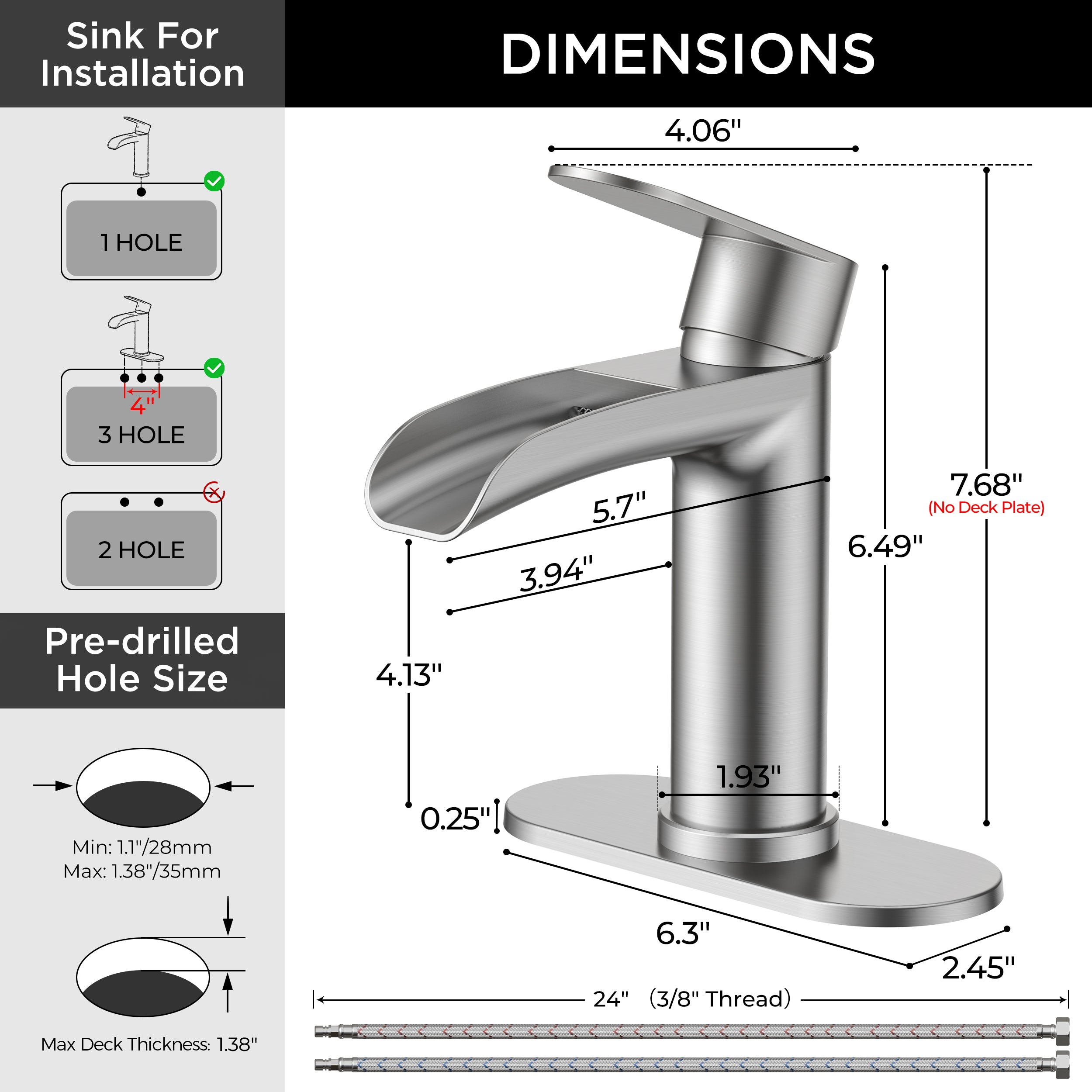 FORIOUS Single Handle Bathroom Faucet 1 Hole Vanity Sink Faucet Matte Black For 1 or 3 hole(4-inch centerset) Sink Setup, Modern Waterfall Spout, with Drain and Supply Lines for RV Vantiy Restroom