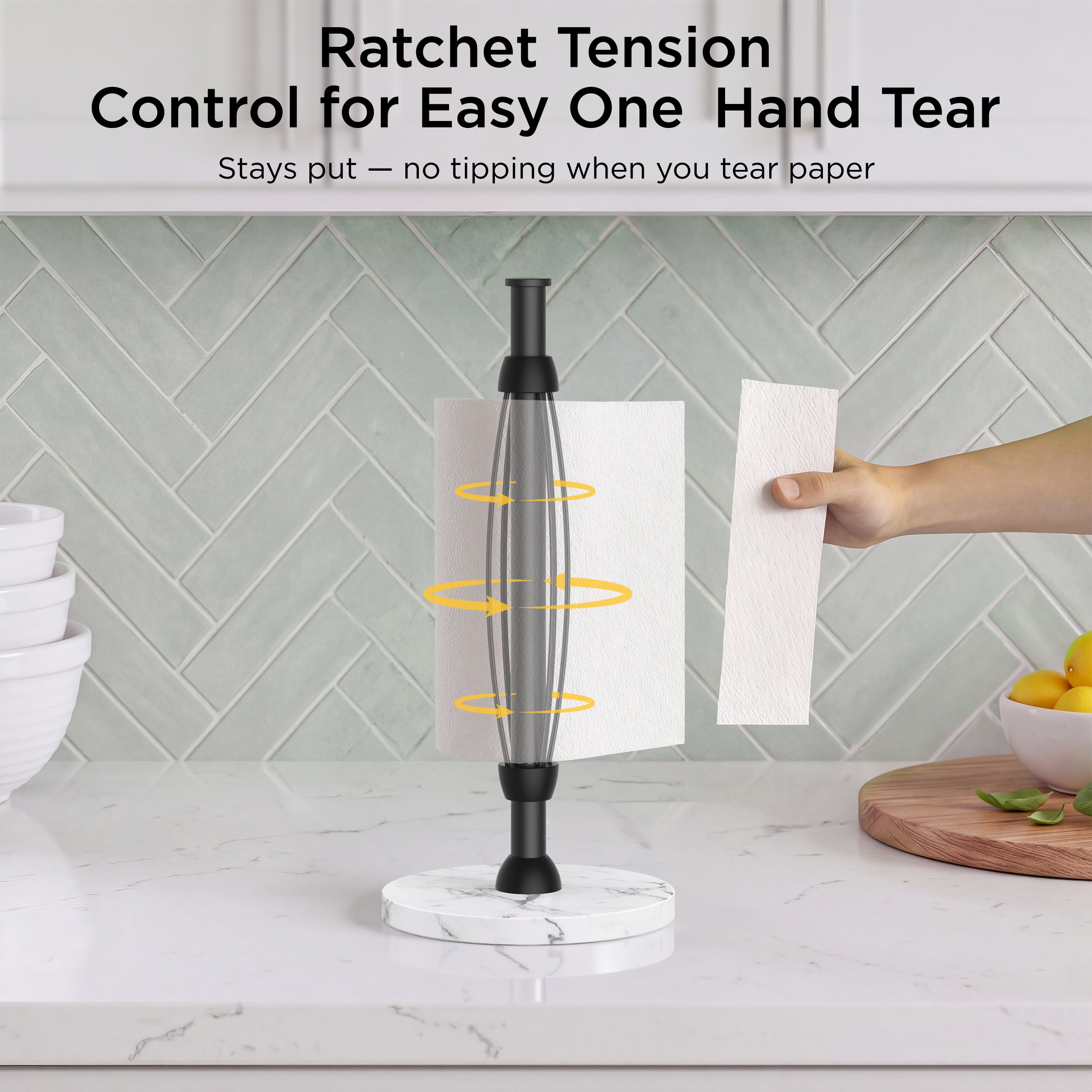 FORIOUS Paper Towel Holder Countertop, One-Handed Tear,Weighted Marble Base 304 Stainless Steel Paper Towel Stand, Ratchet Mechanism for Easy Tearing, Fits Standard & Jumbo Rolls for Kitchen, Silver