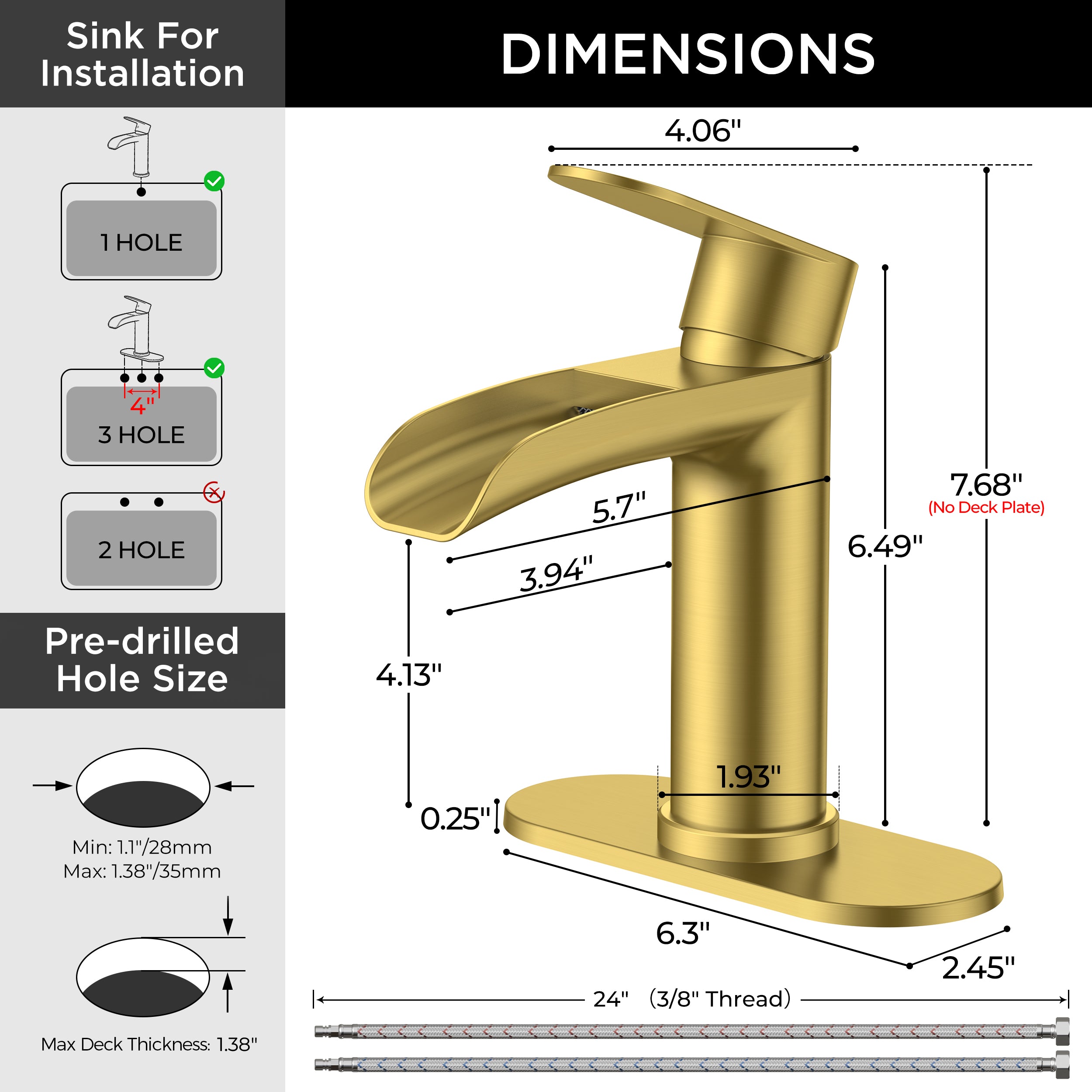 FORIOUS Single Handle Bathroom Faucet 1 Hole Vanity Sink Faucet Matte Black For 1 or 3 hole(4-inch centerset) Sink Setup, Modern Waterfall Spout, with Drain and Supply Lines for RV Vantiy Restroom
