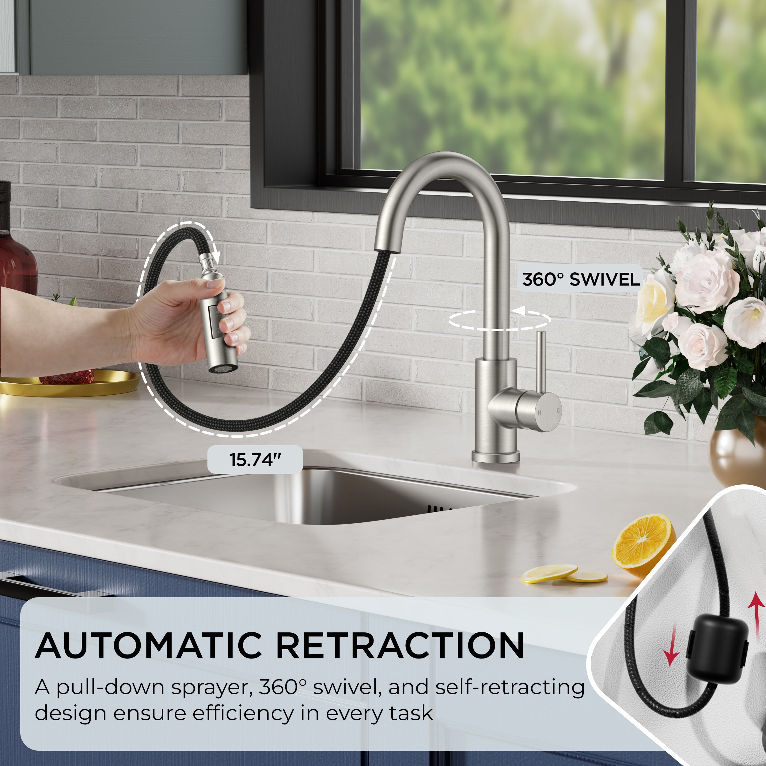 FORIOUS Bar Sink Faucet for Kitchen Sink, Modern Single Handle Kitchen Faucet with Pull Down Sprayer, Brushed Nickel Stainless Steel High Arc with Deck Plate for 1 or 3 Hole, Suitable for Bathroom RV