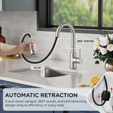 FORIOUS Bar Sink Faucet for Kitchen Sink, Modern Single Handle Kitchen Faucet with Pull Down Sprayer, Brushed Nickel Stainless Steel High Arc with Deck Plate for 1 or 3 Hole, Suitable for Bathroom RV
