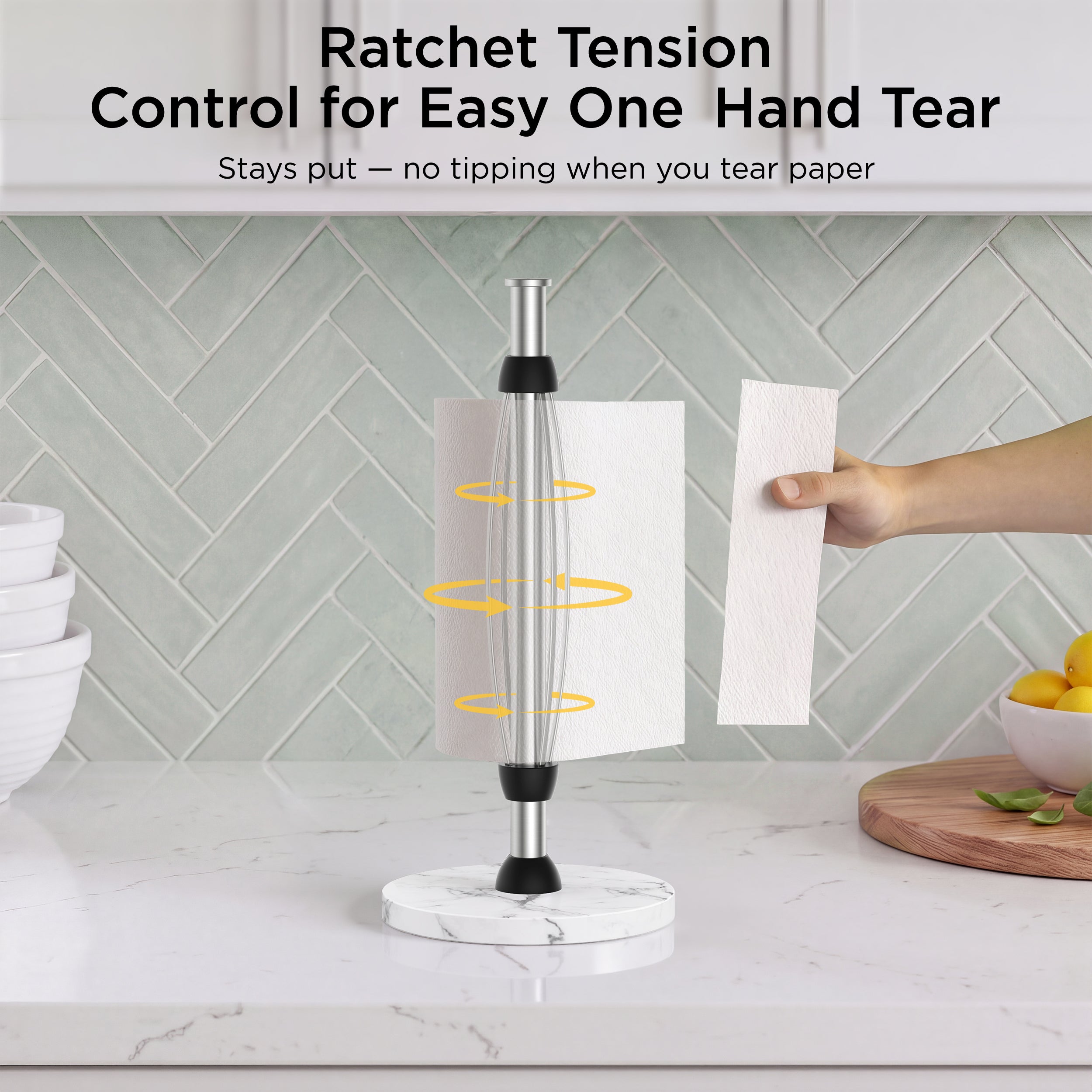FORIOUS Paper Towel Holder Countertop, One-Handed Tear,Weighted Marble Base 304 Stainless Steel Paper Towel Stand, Ratchet Mechanism for Easy Tearing, Fits Standard & Jumbo Rolls for Kitchen, Silver