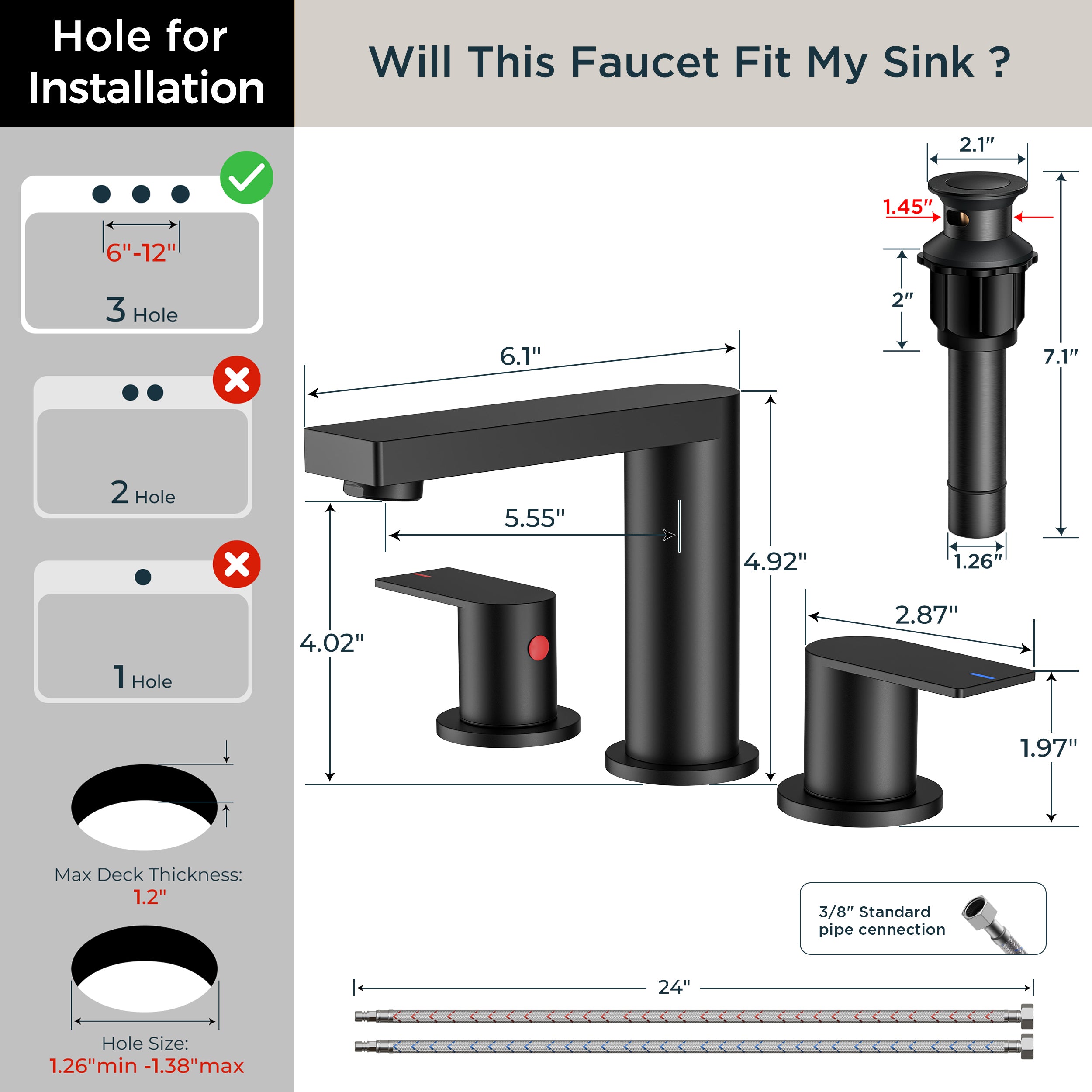 FORIOUS 8 Inch Bathroom Faucet 3 Hole, 2 Handles for Vanity ORB| 2 Handles Bathroom Sink Faucet with Pop-up Drain and 24" cUPC Lines, Fits 6-12 Inch 3 Hole Install, for RV Laundry Sink