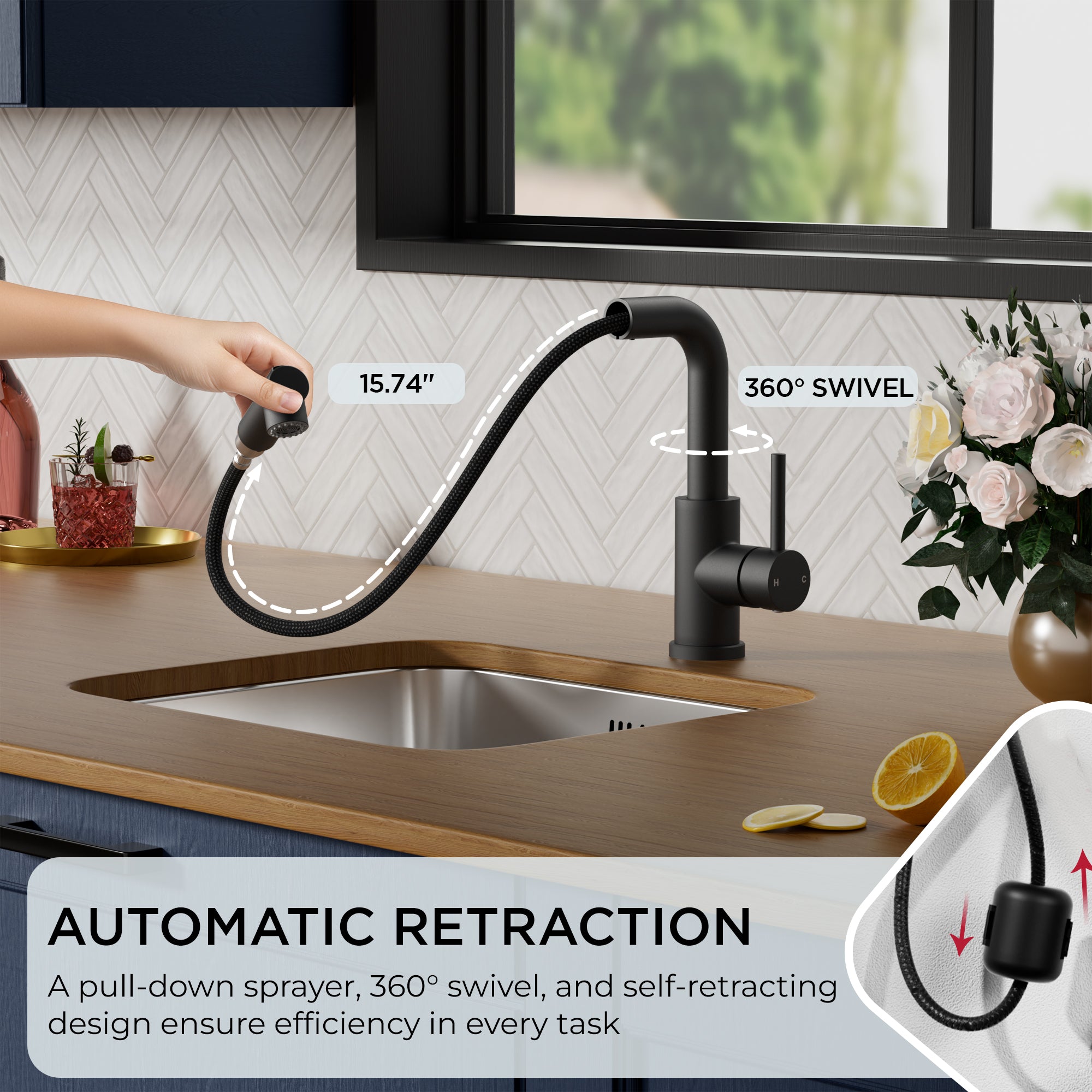 FORIOUS Modern Black Bar Sink Faucet, Stainless Steel Single Handle Small Pre Kitchen Sink Faucet with Pull Out Sprayer, 360° Swivel Spout L-Shaped Design Suitable for Camper Outdoor Bathroom RV