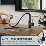 FORIOUS Modern Black Bar Sink Faucet, Stainless Steel Single Handle Small Pre Kitchen Sink Faucet with Pull Out Sprayer, 360° Swivel Spout L-Shaped Design Suitable for Camper Outdoor Bathroom RV