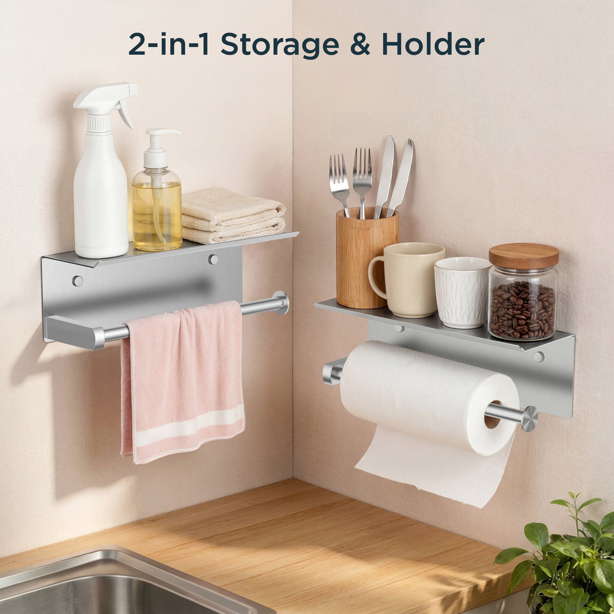 FORIOUS Wall Mount Paper Towel Holder with Shelf，Stainless Steel | Heavy Duty SUS304 Stainless Steel Paper Roll Organizer with Storage Spice Shelf, Screw-in for Kitchen, Bathroom, RV & Garage