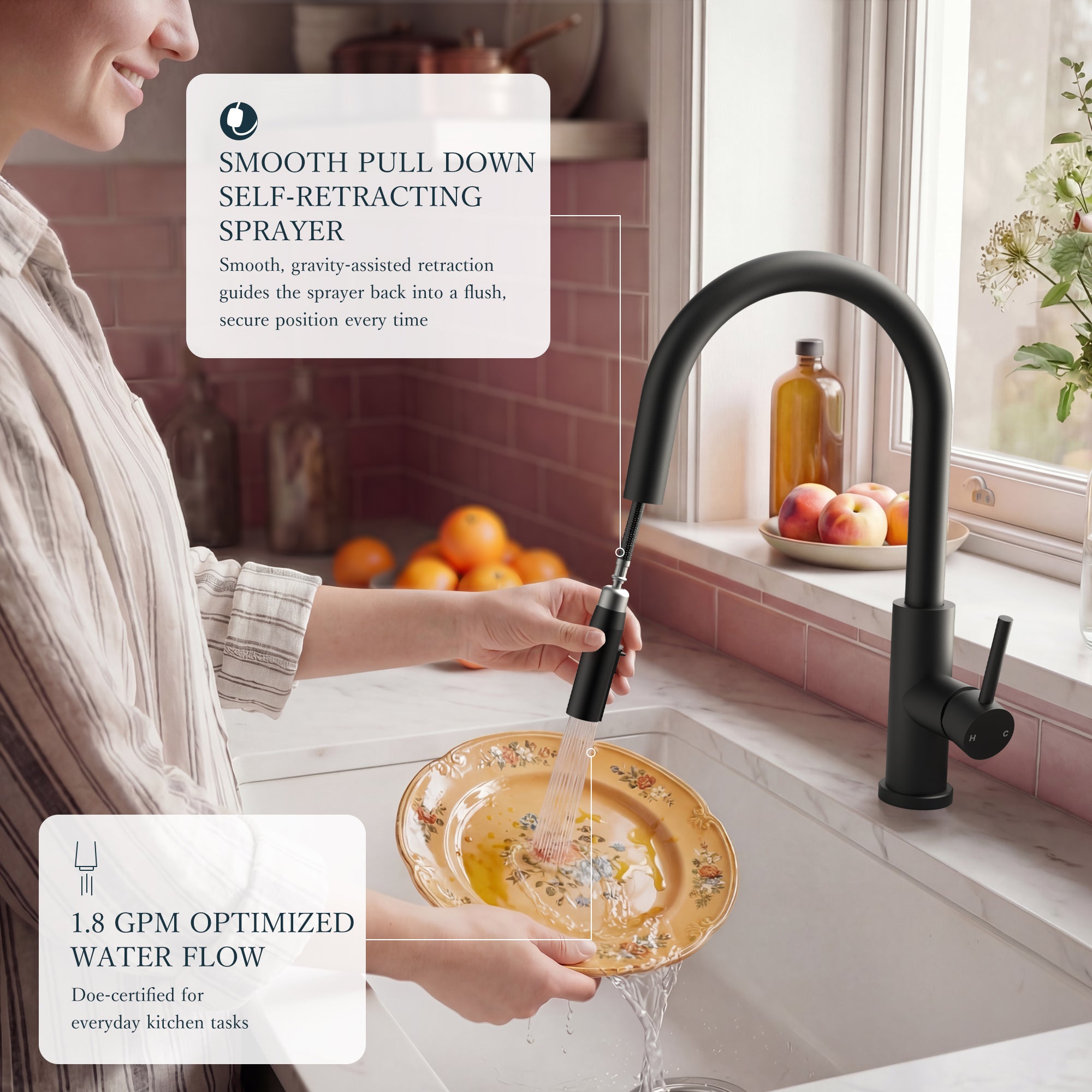 FORIOUS Kitchen Faucets with Pull Down Sprayer, Black Single Handle Stainless Steel High Arc Kitchen Sink Faucet with Deck Plate, 1 or 3 Hole Sink Faucet for Bar RV Outdoor Laundry Farmhouse