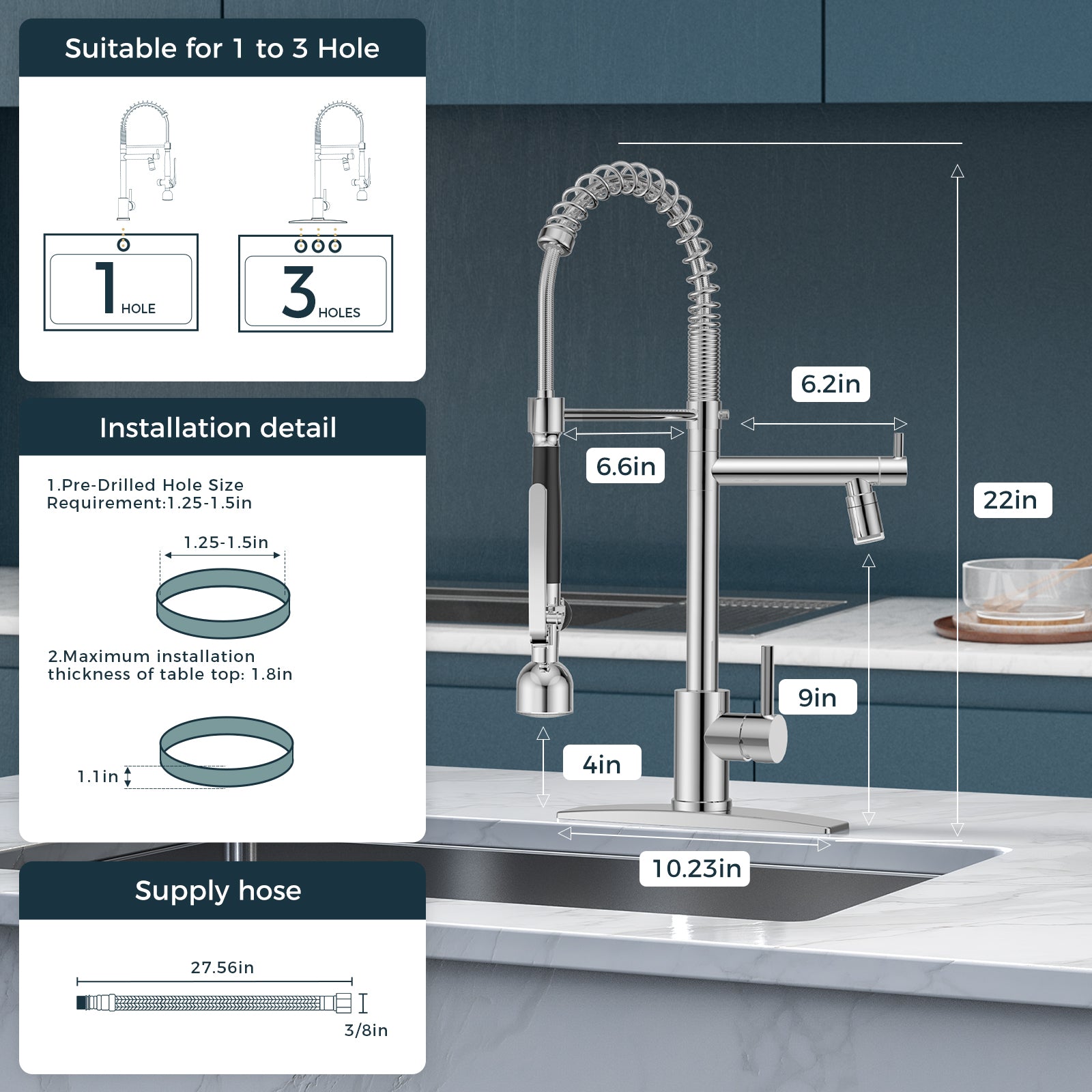 FORIOUS  Commercial Kitchen Sink Faucet with Sprayer High Pressure, Double-Headed Spring Kitchen Faucets for Sink Stainless Steel with Regular and LED Aerator