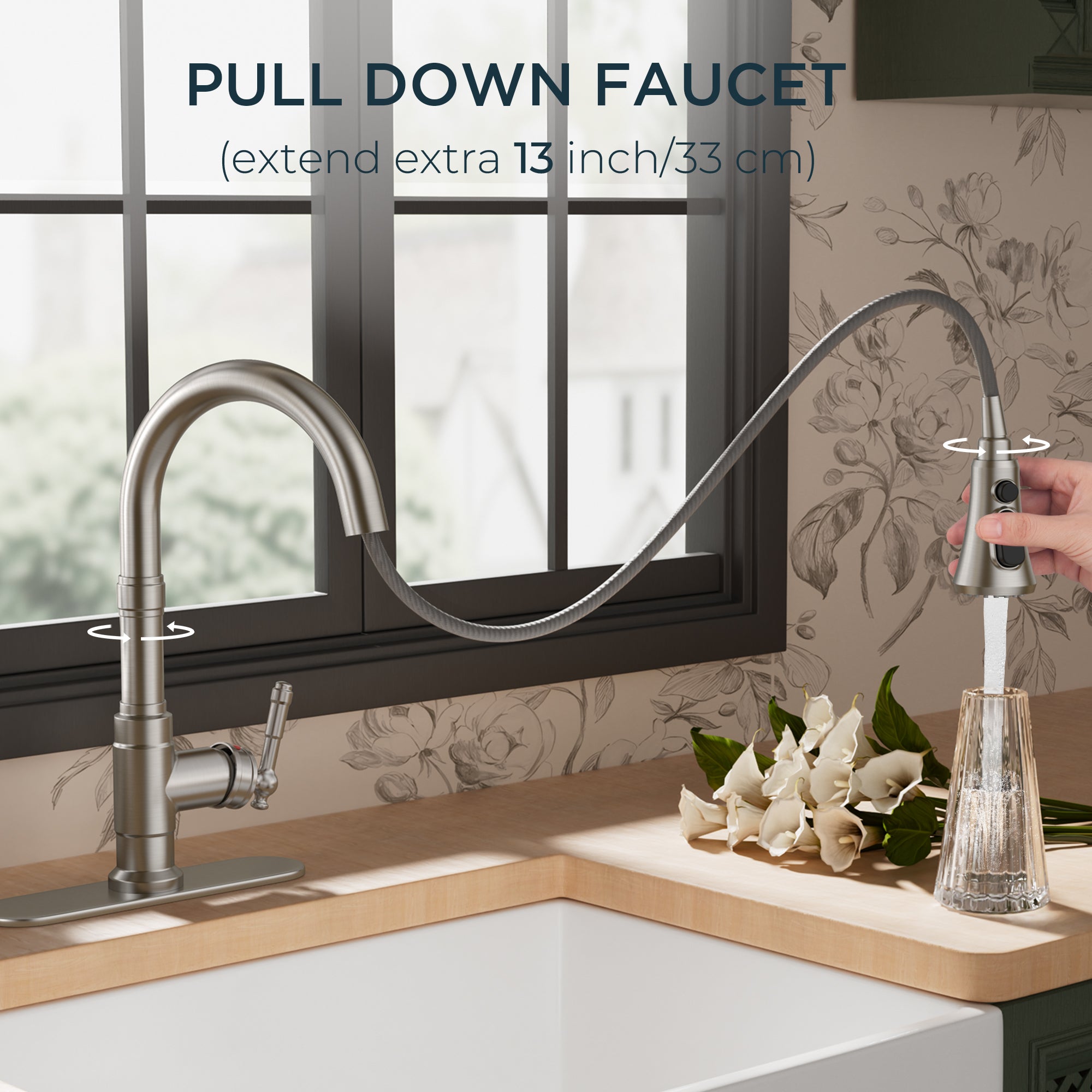 FORIOUS Vintage Kitchen Faucets with Pull Down Sprayer, Brushed Nickel High Arc Single Handle Stainless Steel Transitional Pull Out Sink Faucet for Farmhouse Camper Rv Bar, Fit for 1 or 3 Hole
