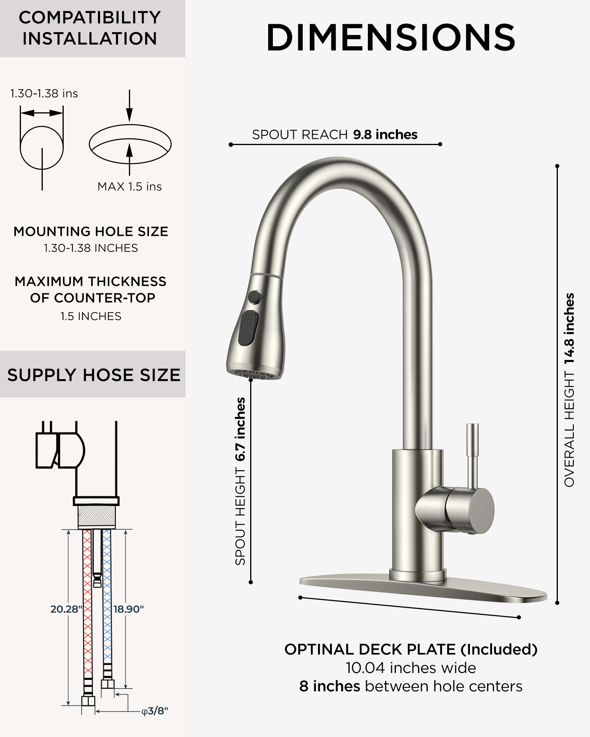 FORIOUS Kitchen Faucets with Pull Down Sprayer, Brushed Nickel High Arc Single Handle Stainless Steel Bar Sink Faucet with Deck Plate for 1 or 3 Hole, Suitable for Farmhouse RV Camper Laundry