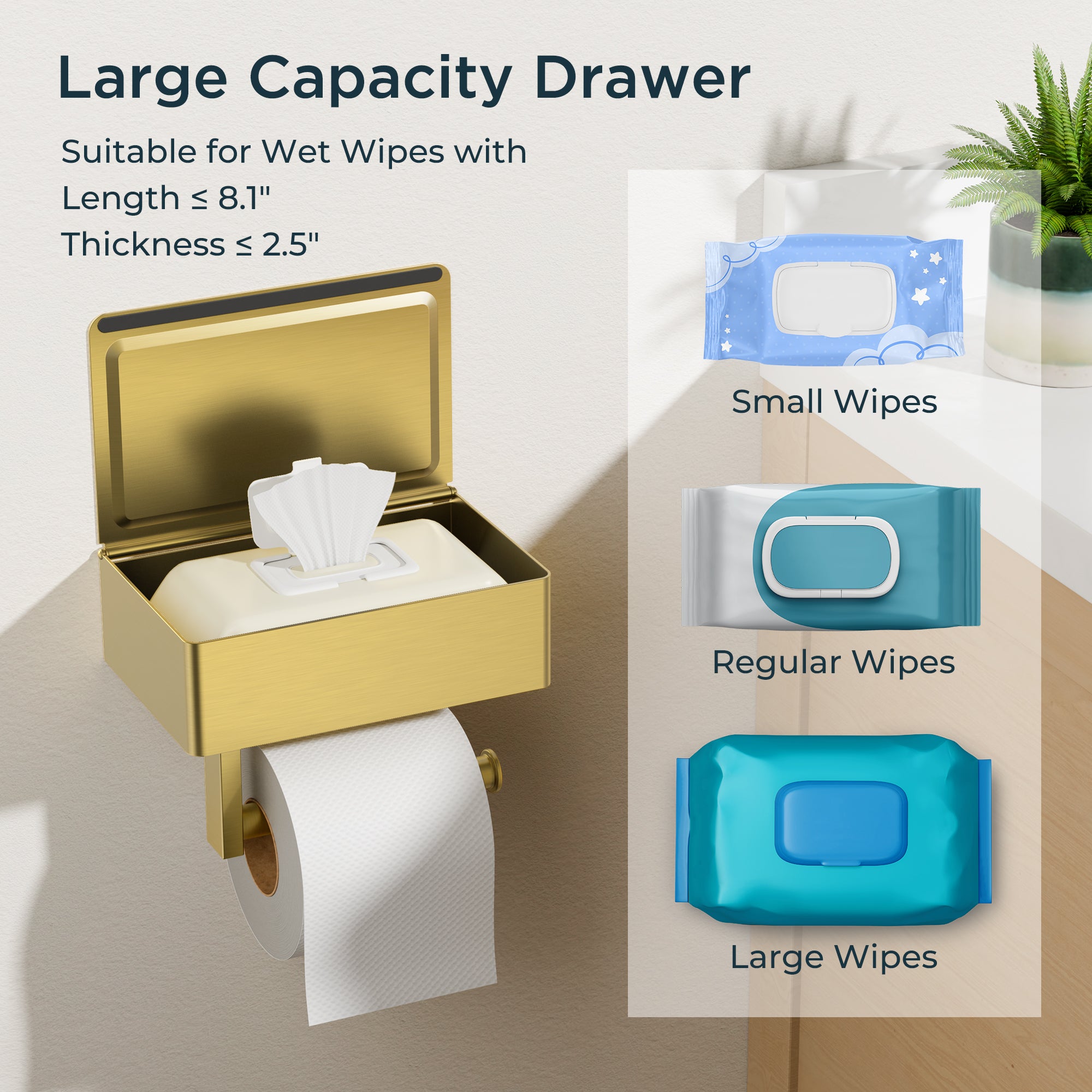 FORIOUS Toilet Paper Holder with Shelf, Wall-Mounted Modern Wipes Dispenser | Matte Black | Toilet Paper Holder with Storage for Bathroom | Fits Wipes, Sanitary Napkins, Tampons | 8.0"x5.3" Large Shelf