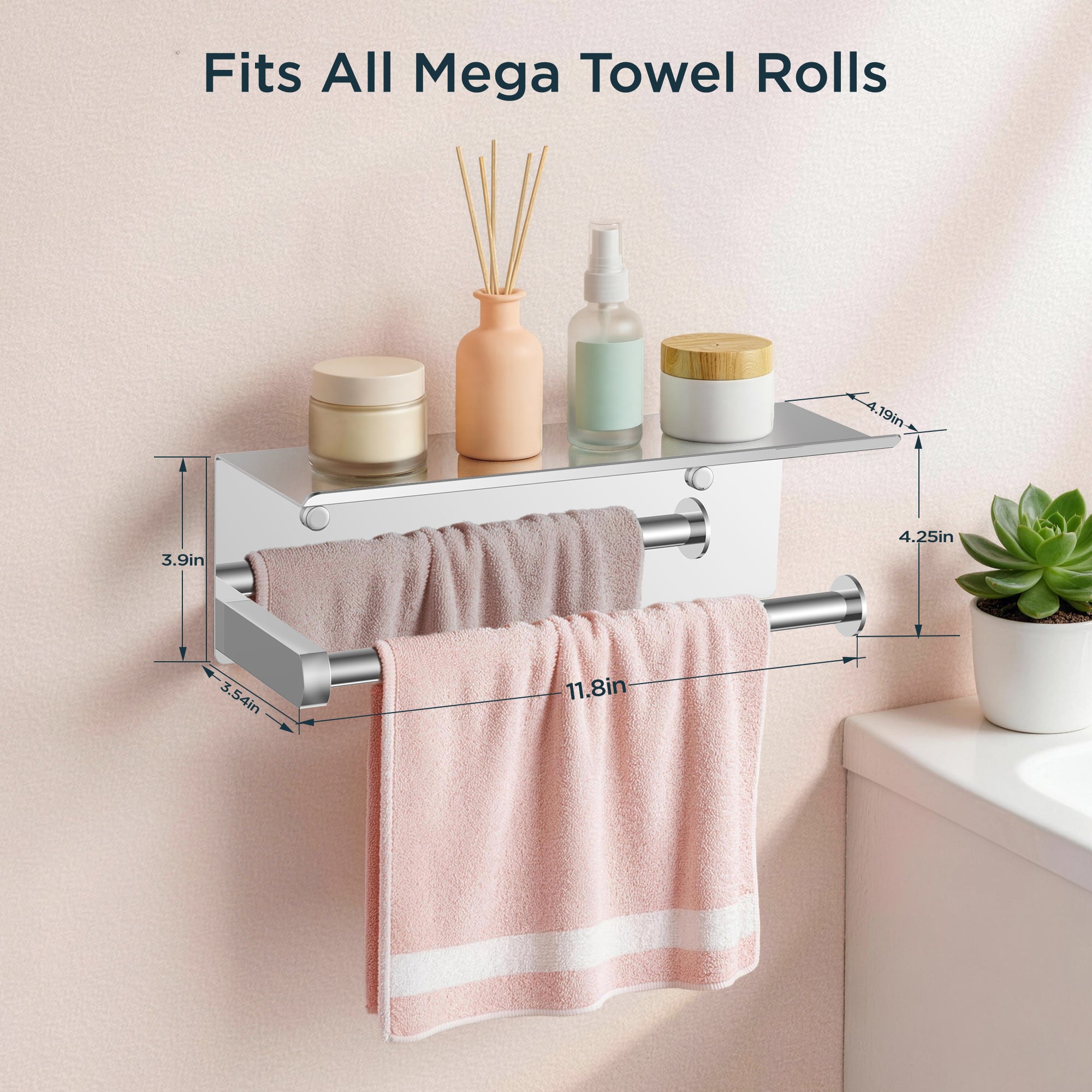 FORIOUS Wall Mount Paper Towel Holder with Shelf，Stainless Steel | Heavy Duty SUS304 Stainless Steel Paper Roll Organizer with Storage Spice Shelf, Screw-in for Kitchen, Bathroom, RV & Garage