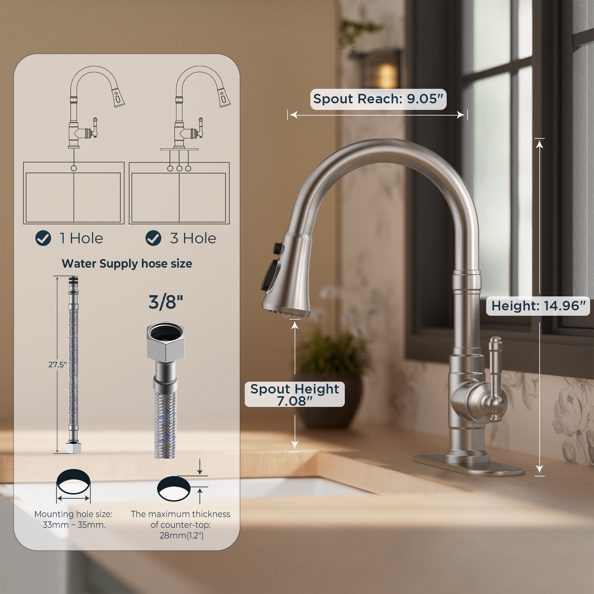 FORIOUS Vintage Kitchen Faucets with Pull Down Sprayer, Brushed Nickel High Arc Single Handle Stainless Steel Transitional Pull Out Sink Faucet for Farmhouse Camper Rv Bar, Fit for 1 or 3 Hole